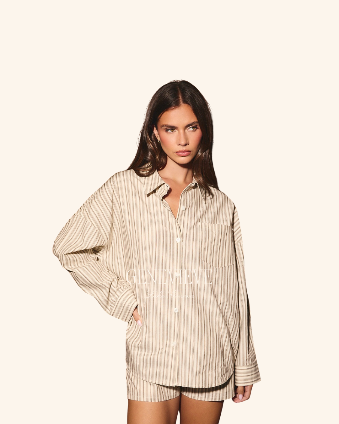 Le Lis Cream Mocha Stripe Oversize Button Down