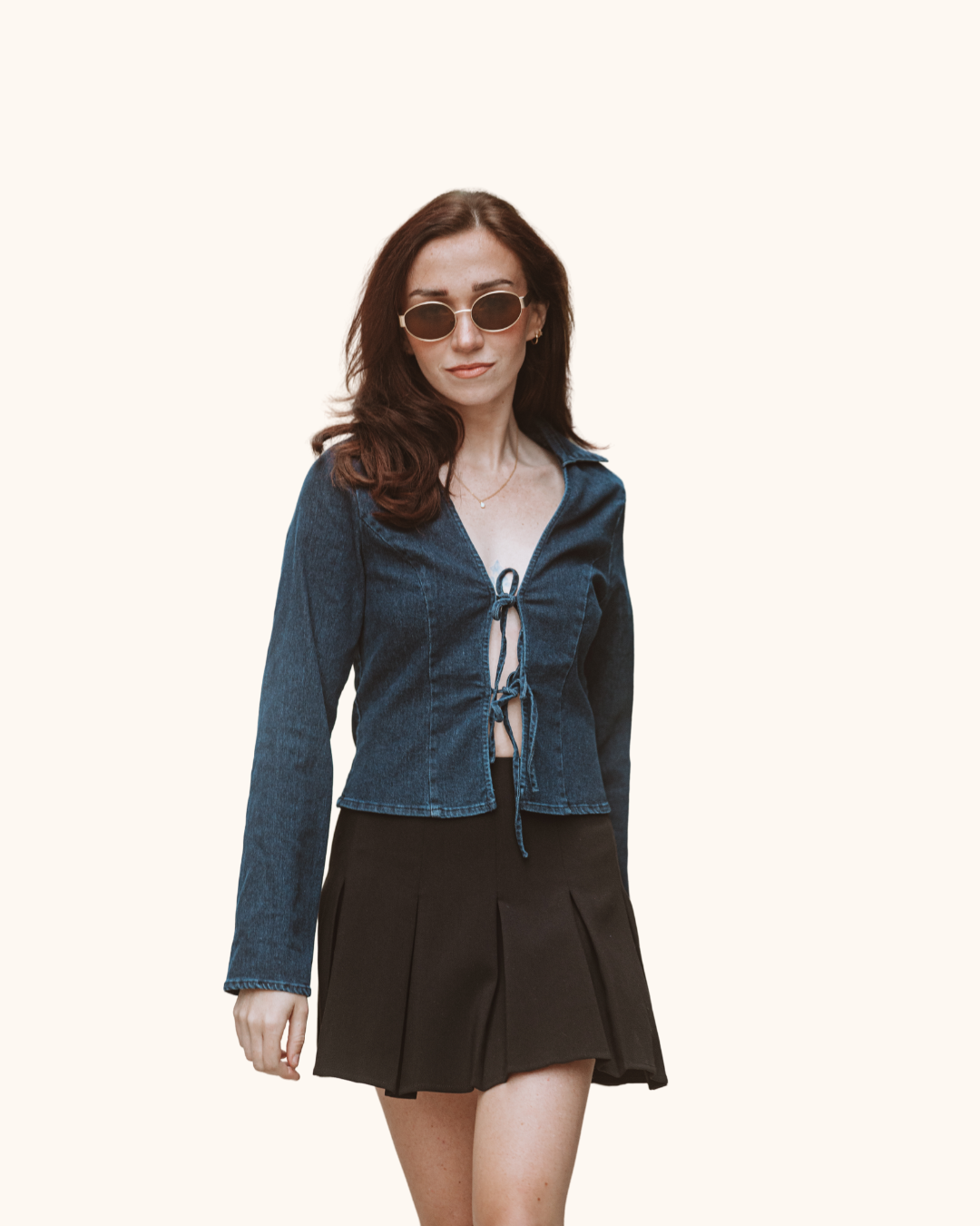 Blue Blush Stretch Denim Front Tie Collared Top