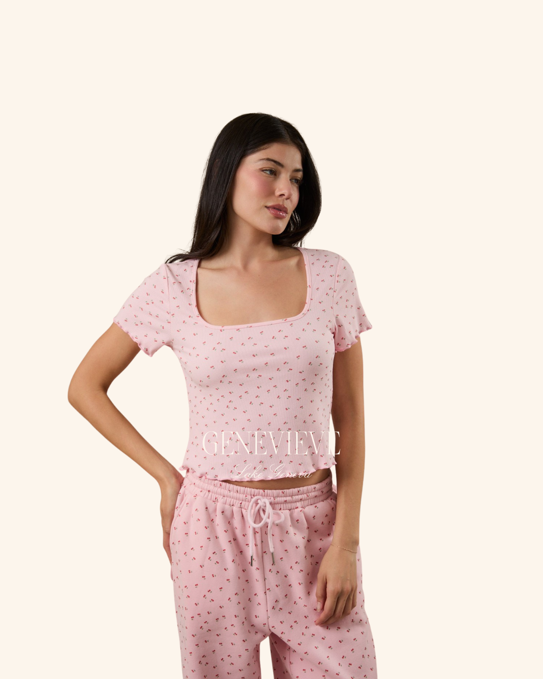 Sunday Edition Pink Cherry Print Rib Top