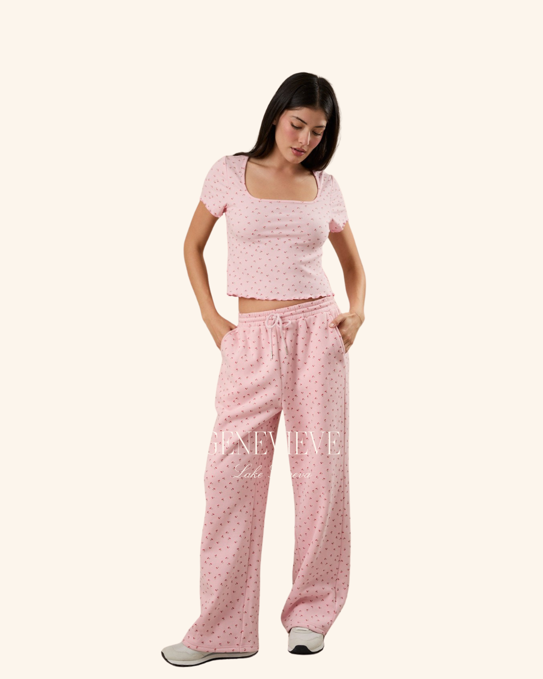 Sunday Edition Pink Cherry Print Rib Top