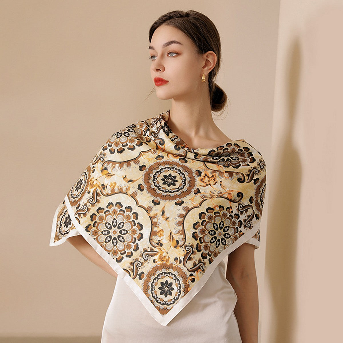 Orange Flower Print Small Neck Silk Scarf Square