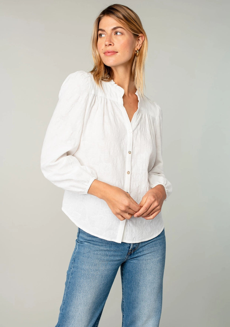 Lovestitch Long Sleeve Ruffle Neck Button Down Blouse