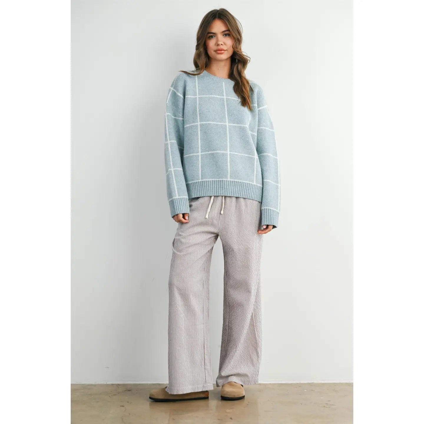 Buttermelon Checkered Crew Neck Knit Sweater