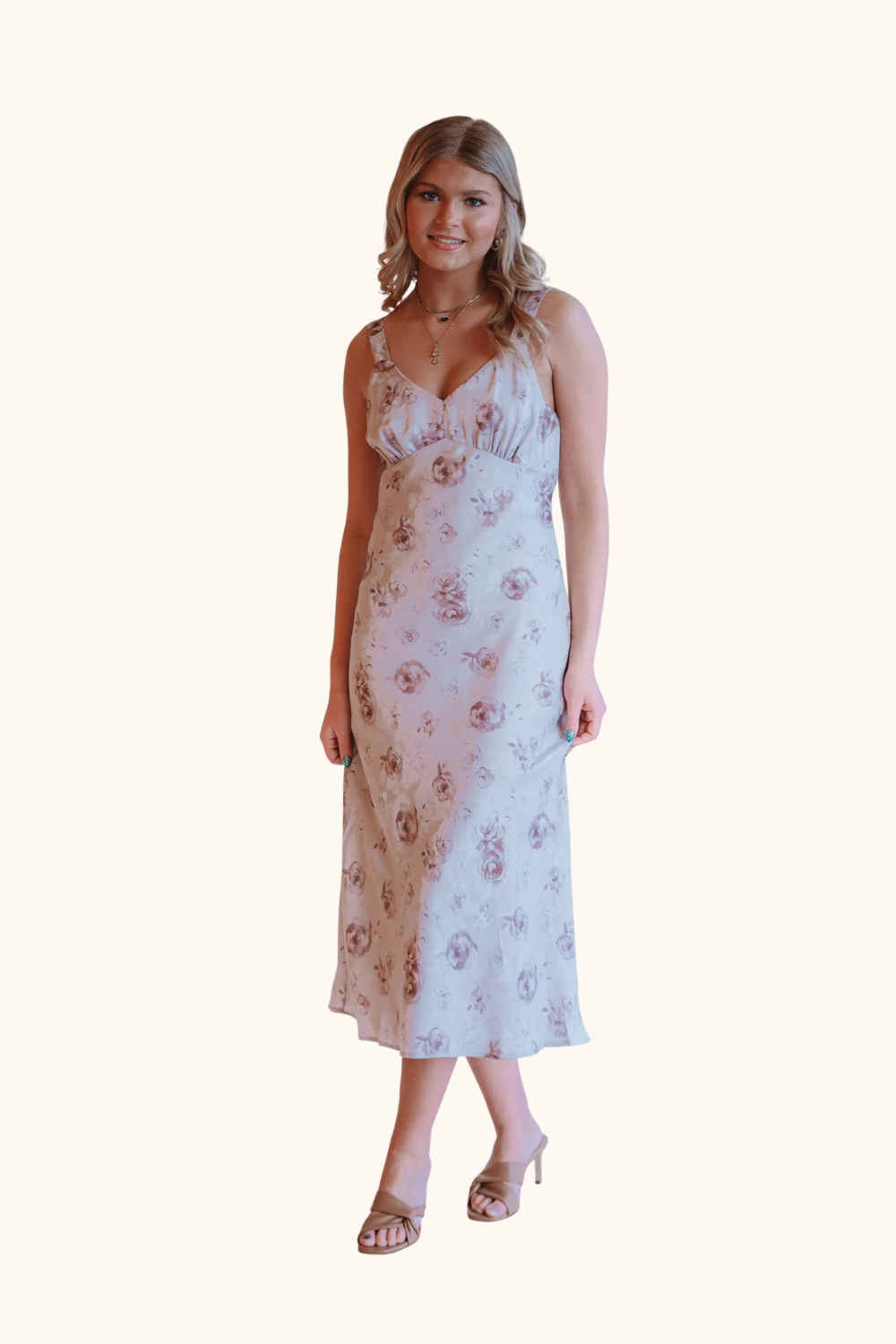 Storia Rose Print Satin Slip Midi Dress