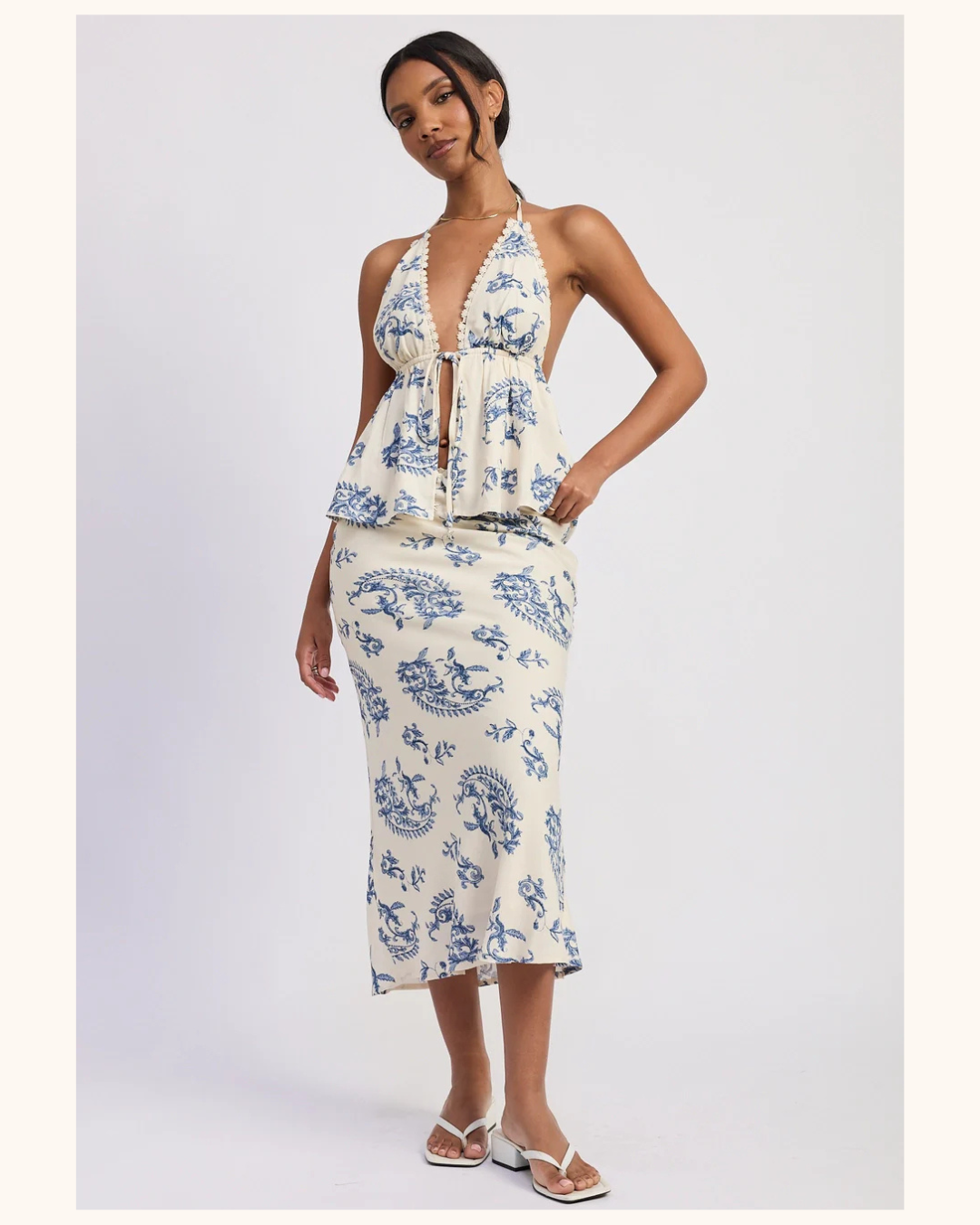 Emory Park Cinched Halter Neck Top with Lace Trim