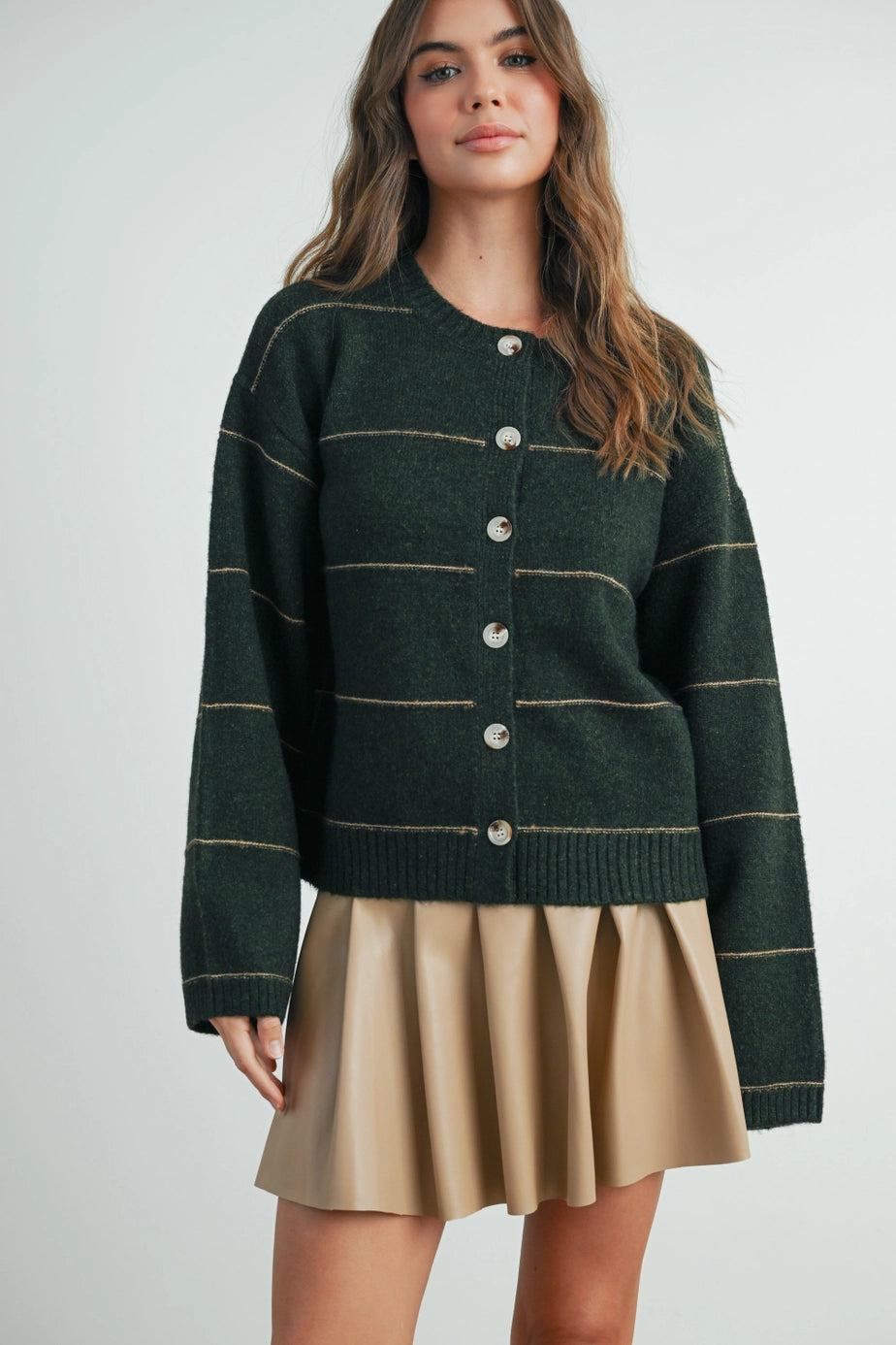 Butermelon Olive Button Front Striped Cardigan