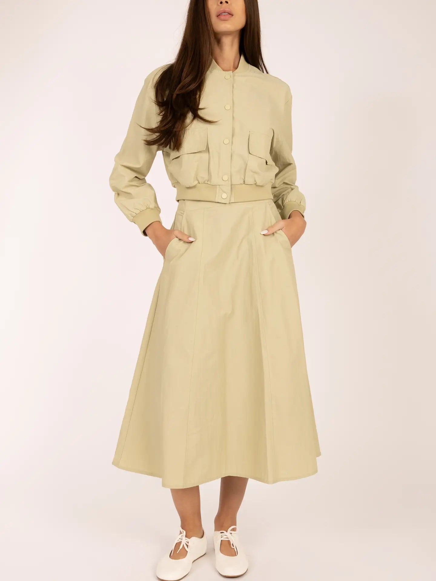 Elle Grey Side Pocket Flare Woven Long Skirt