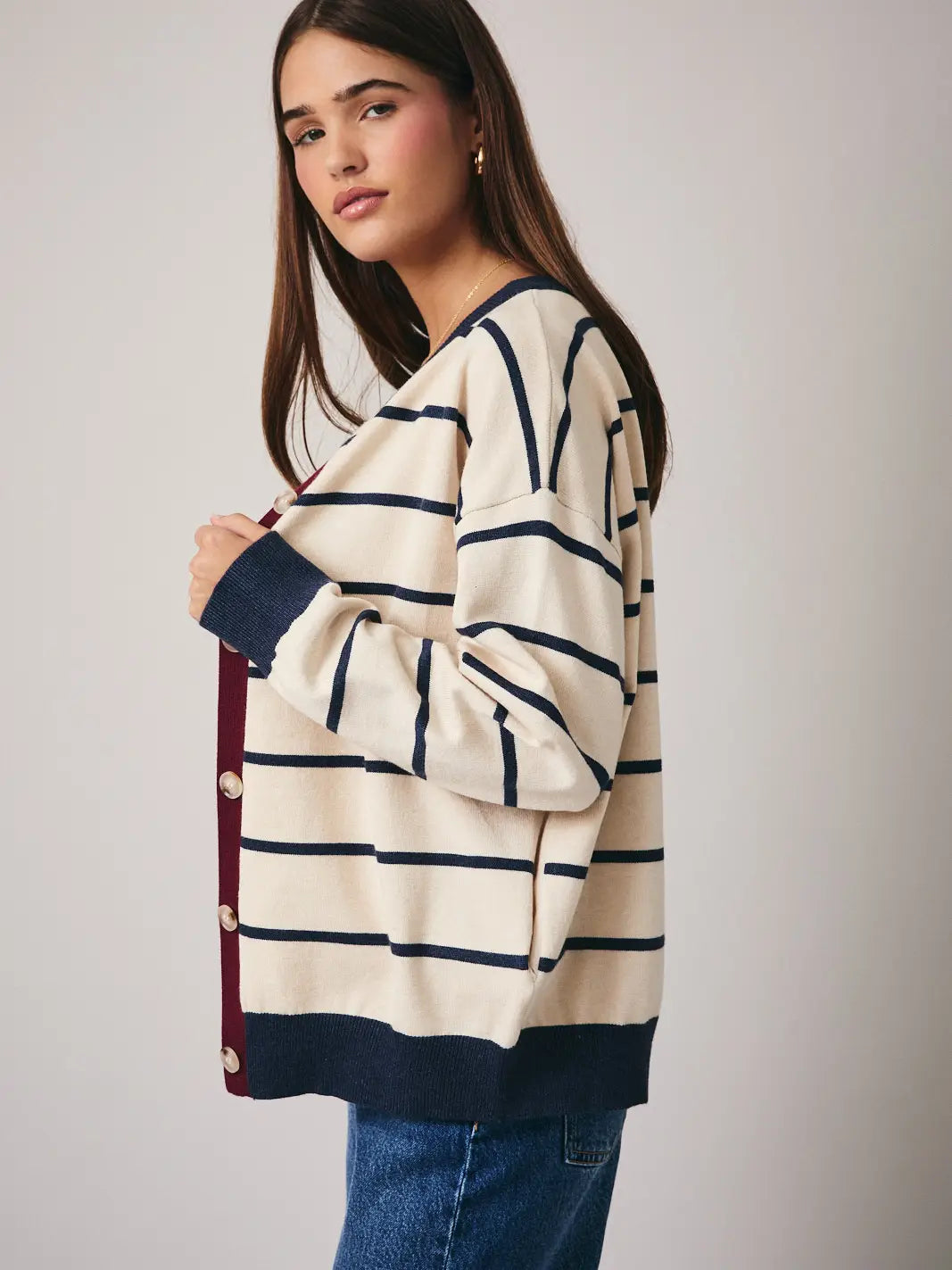 Sunday Edition Round Neck Stripe Button Down Sweater