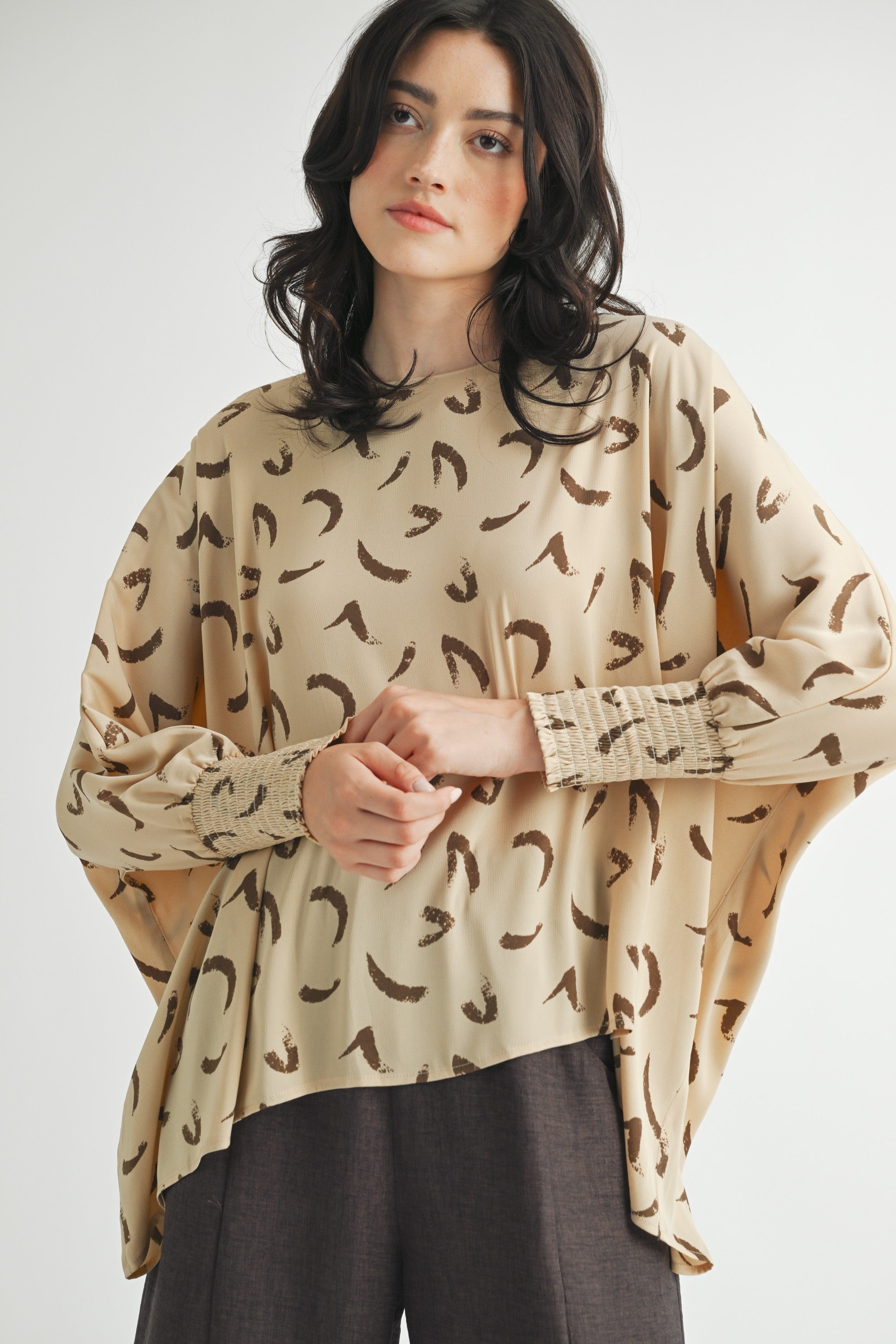 Fun2Fun Oversized Top with Smocked Cuff Sleeve