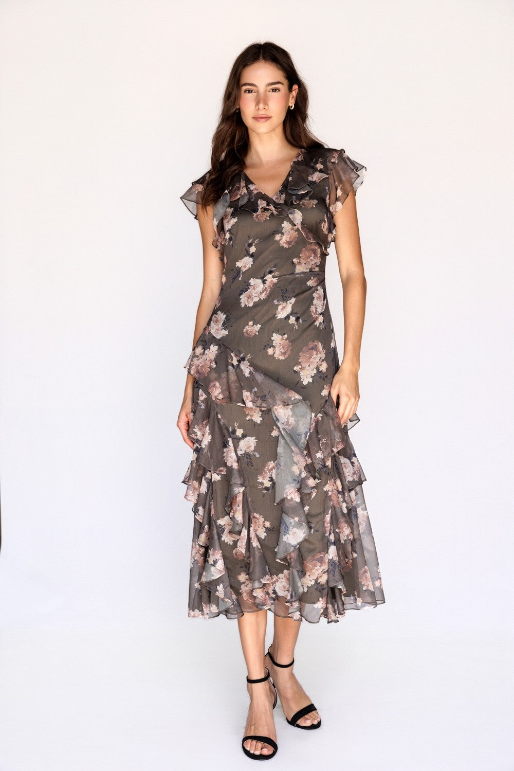 Storia Floral Ruffle Tiered Midi Dress