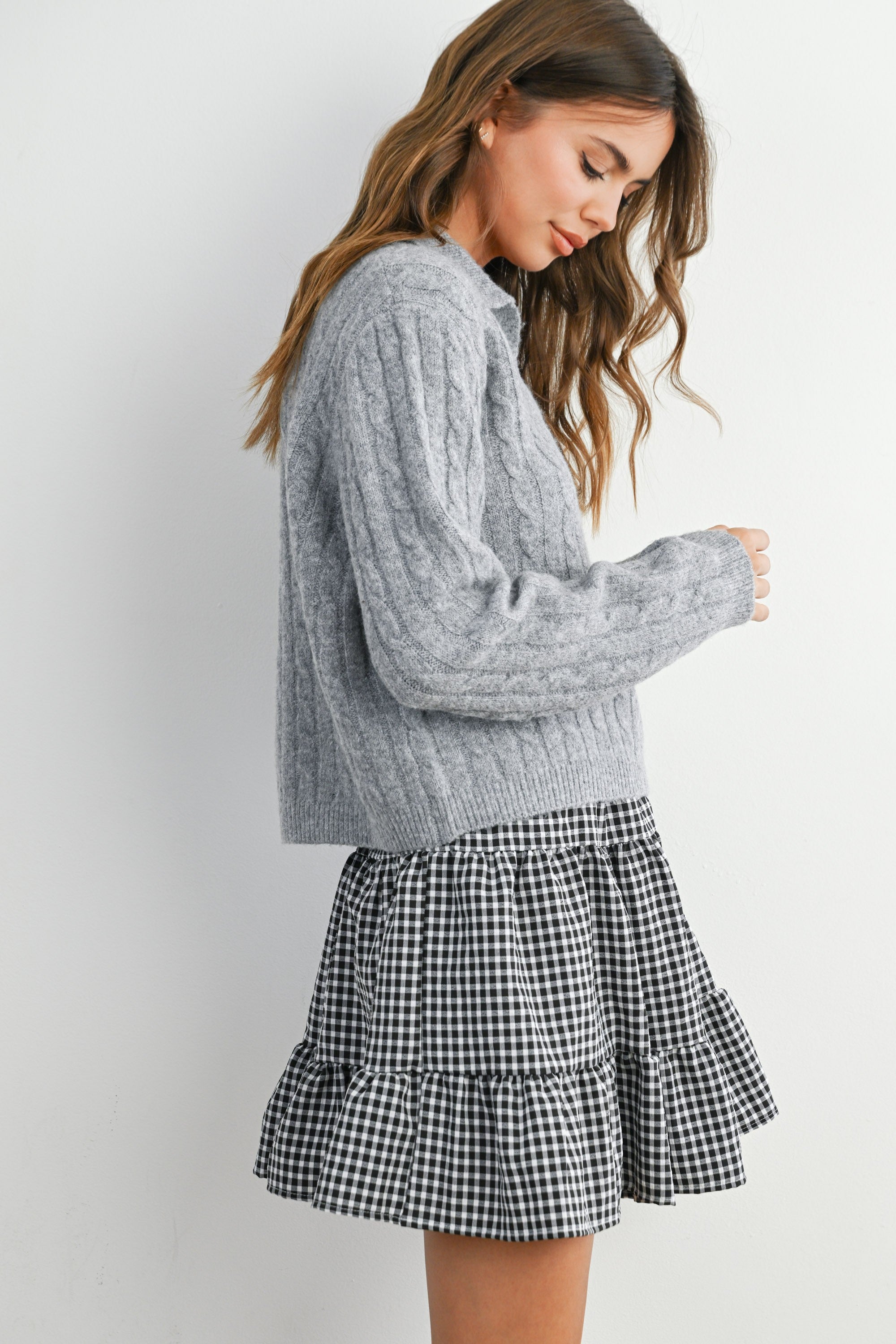Buttermelon Cable-Knit V-neck Collared Top
