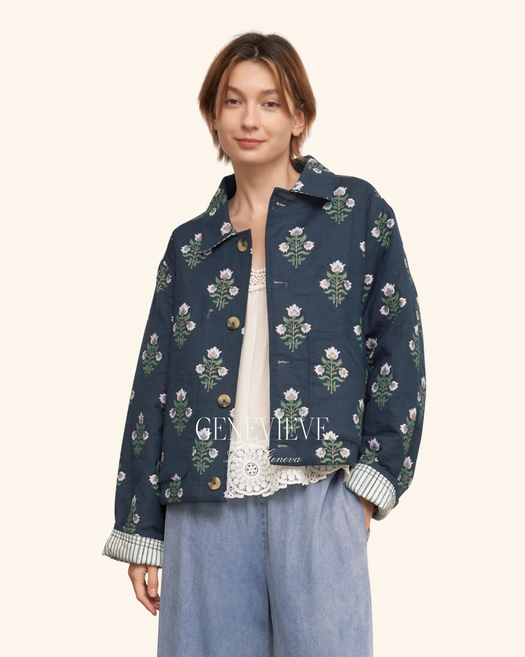 En Creme Navy Quilted Jacket