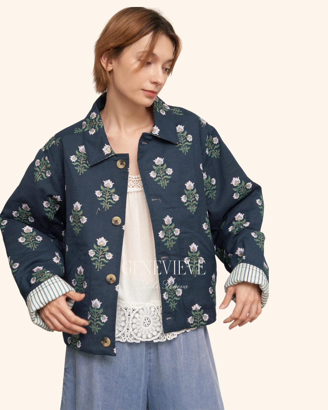En Creme Navy Quilted Jacket
