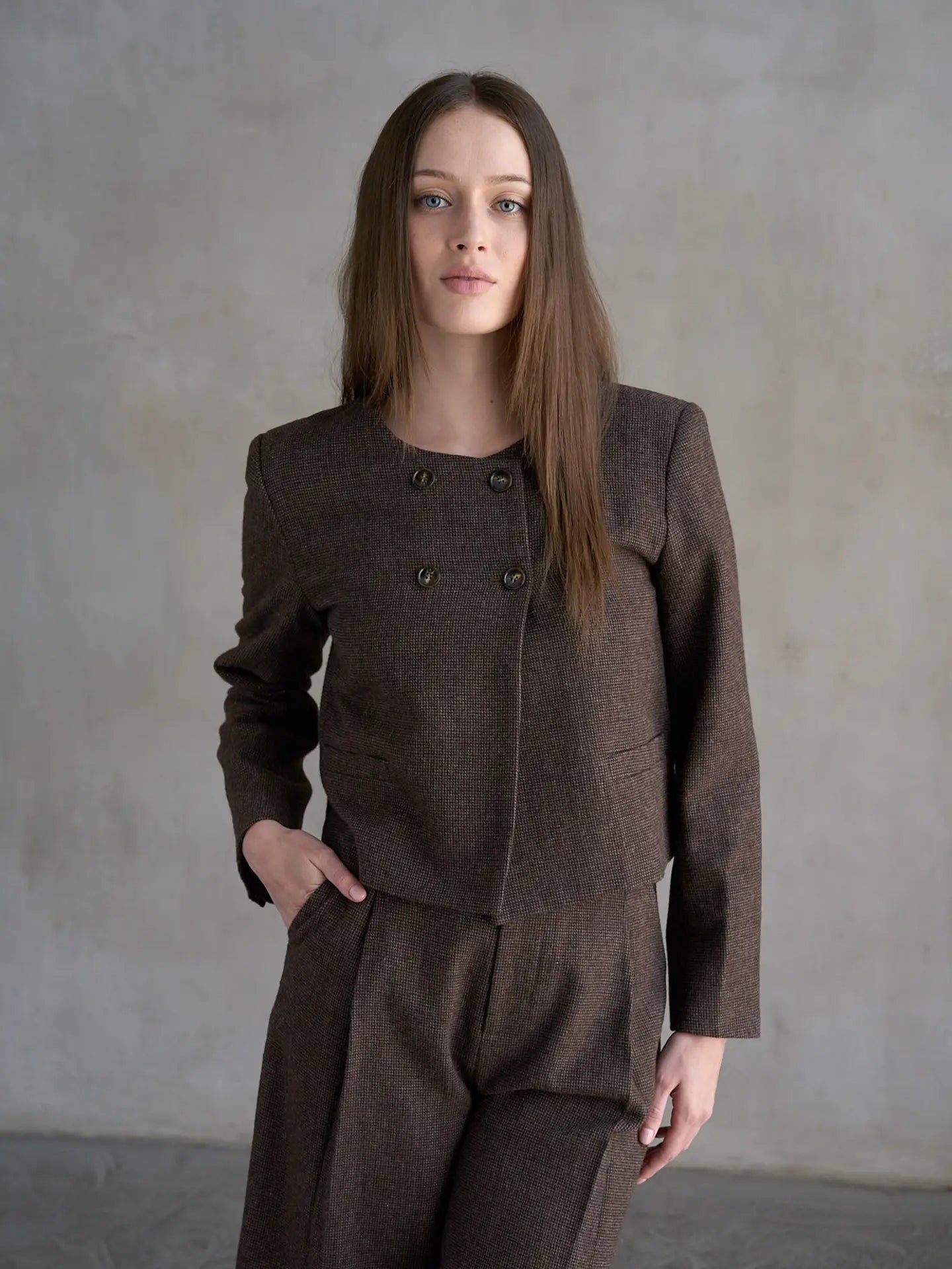 Elle Grey Double Button Collarless Coat