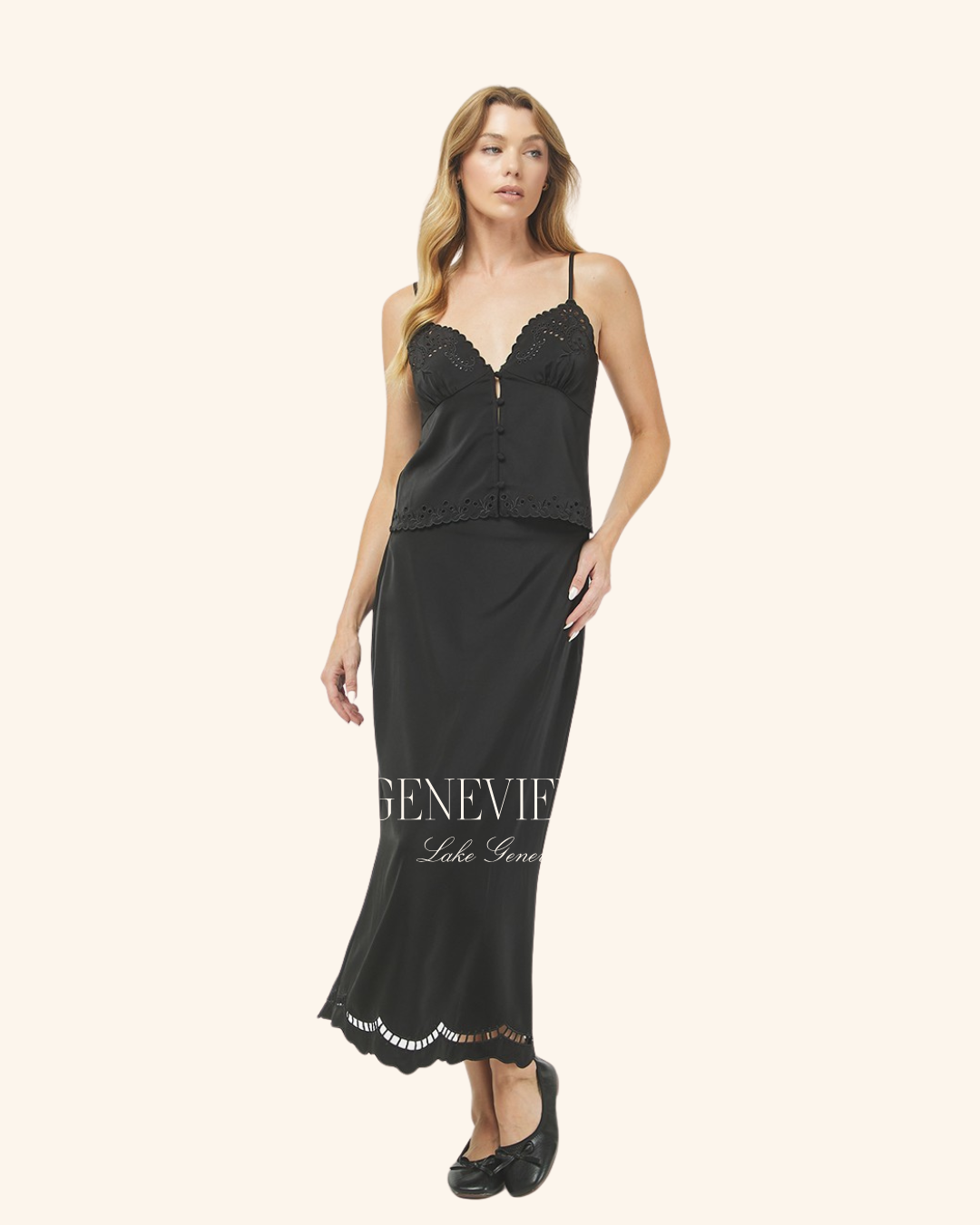 Needii Black Satin Midi Skirt