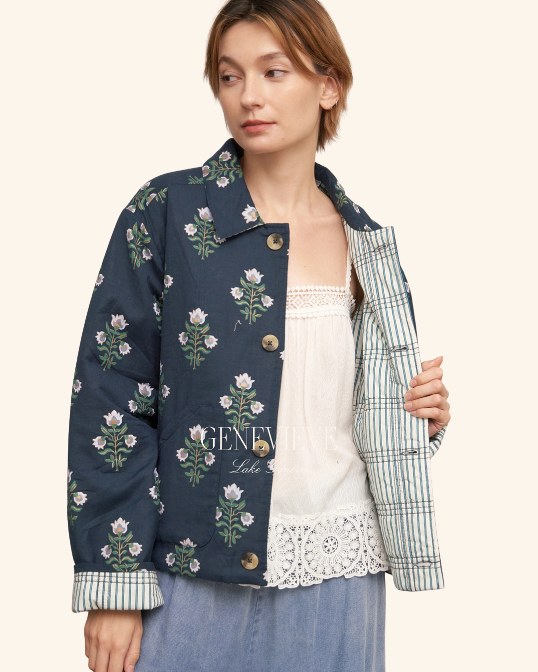 En Creme Navy Quilted Jacket