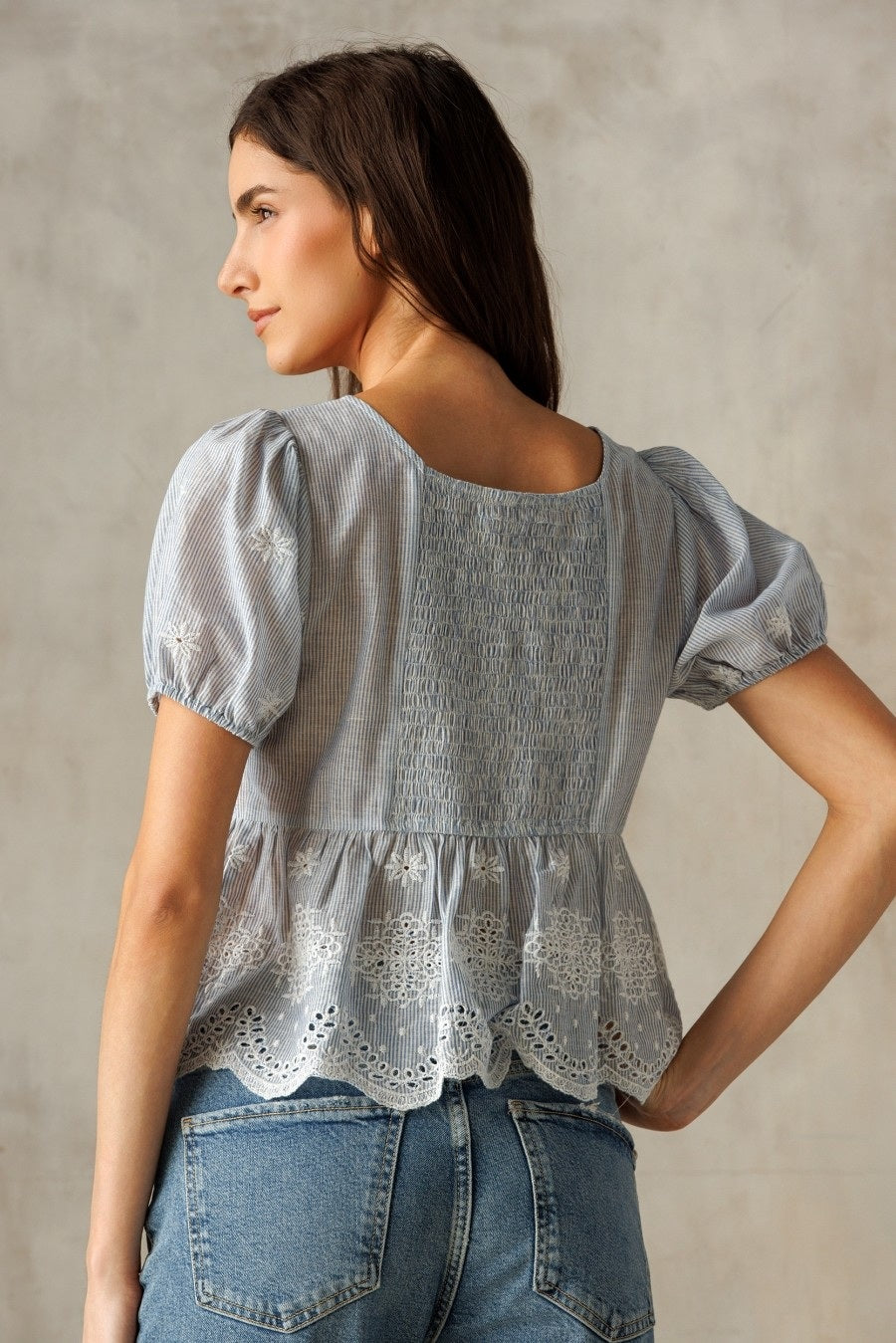 Storia Embroidered Eyelet Peplum Top