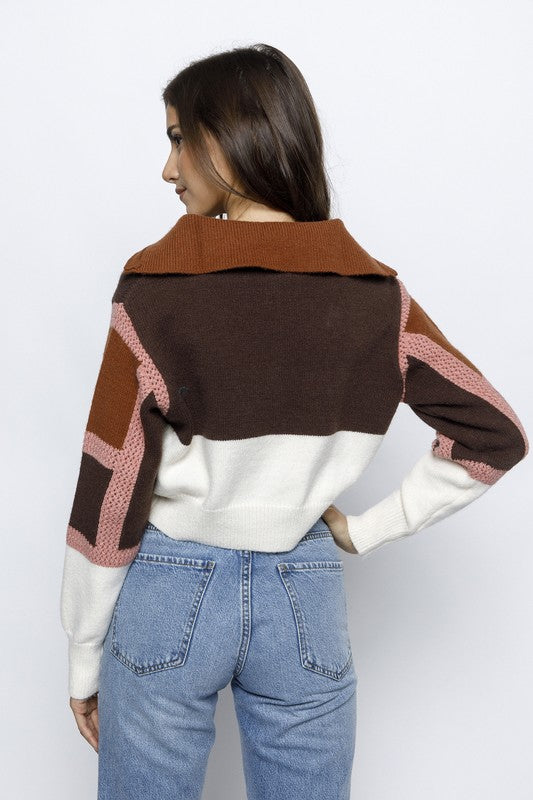 Neutral color block knit zipper sweater