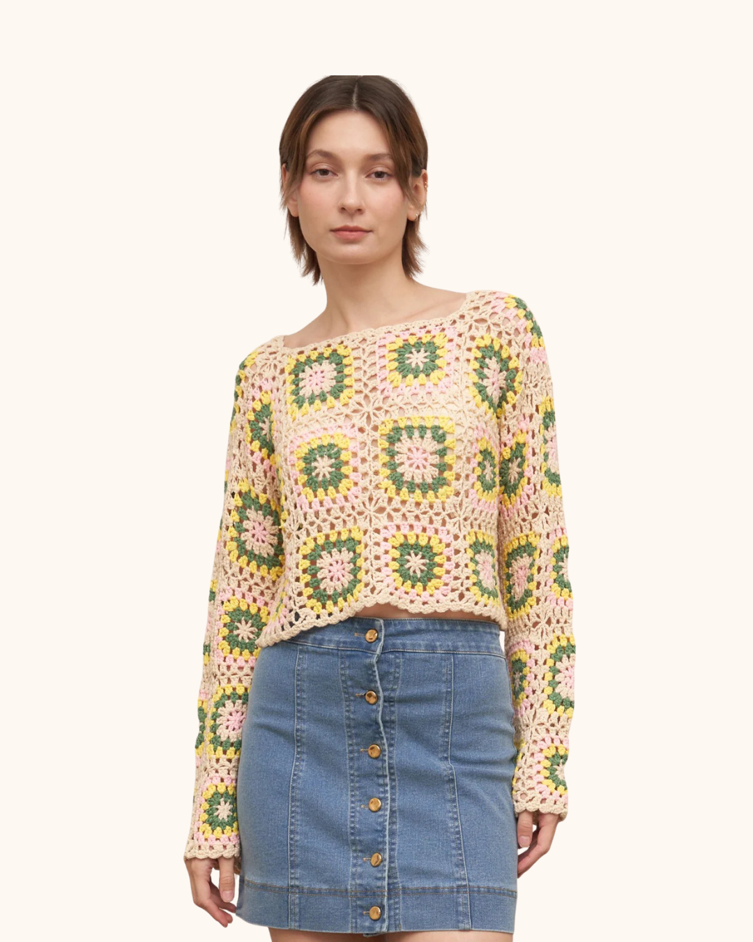 En Crème Long Sleeve Granny Square Crochet Top