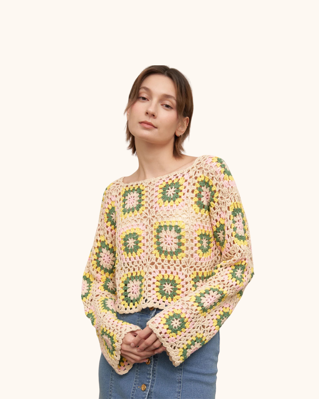 En Crème Long Sleeve Granny Square Crochet Top