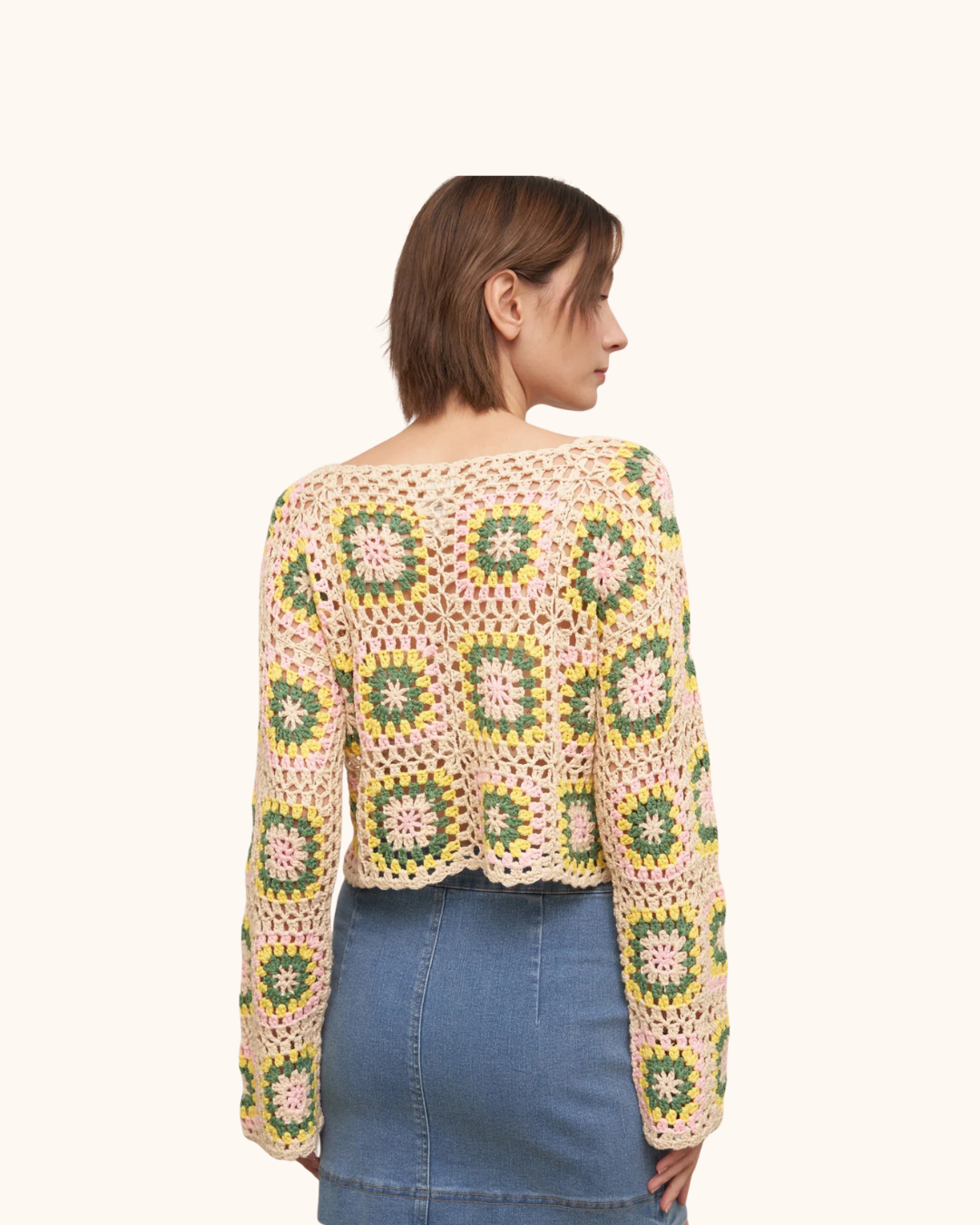En Crème Long Sleeve Granny Square Crochet Top