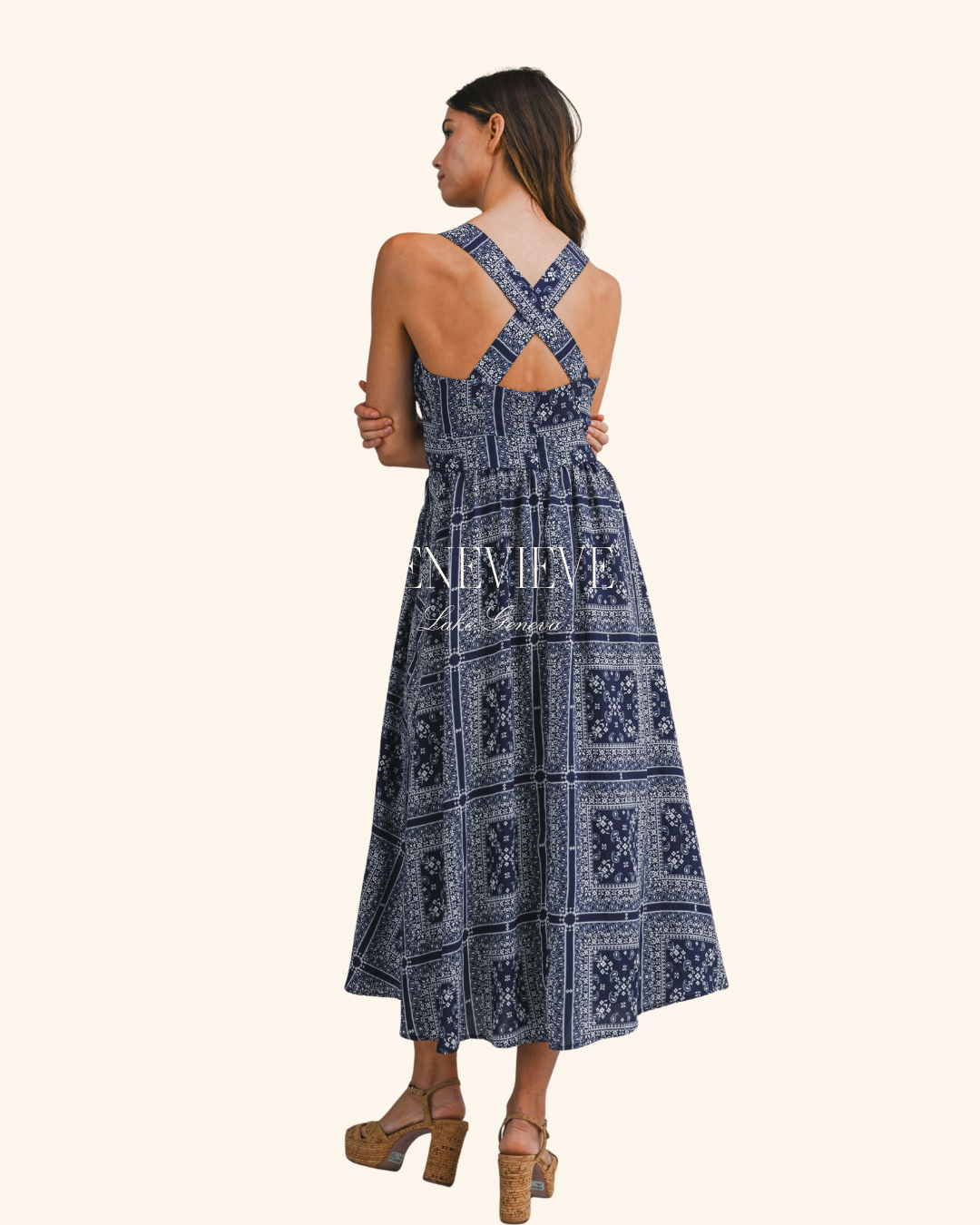 Mable Bandana Print Crisscross Back Midi Dress
