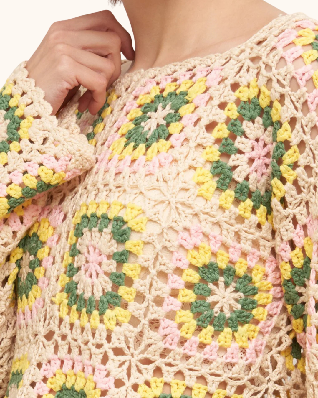 En Crème Long Sleeve Granny Square Crochet Top