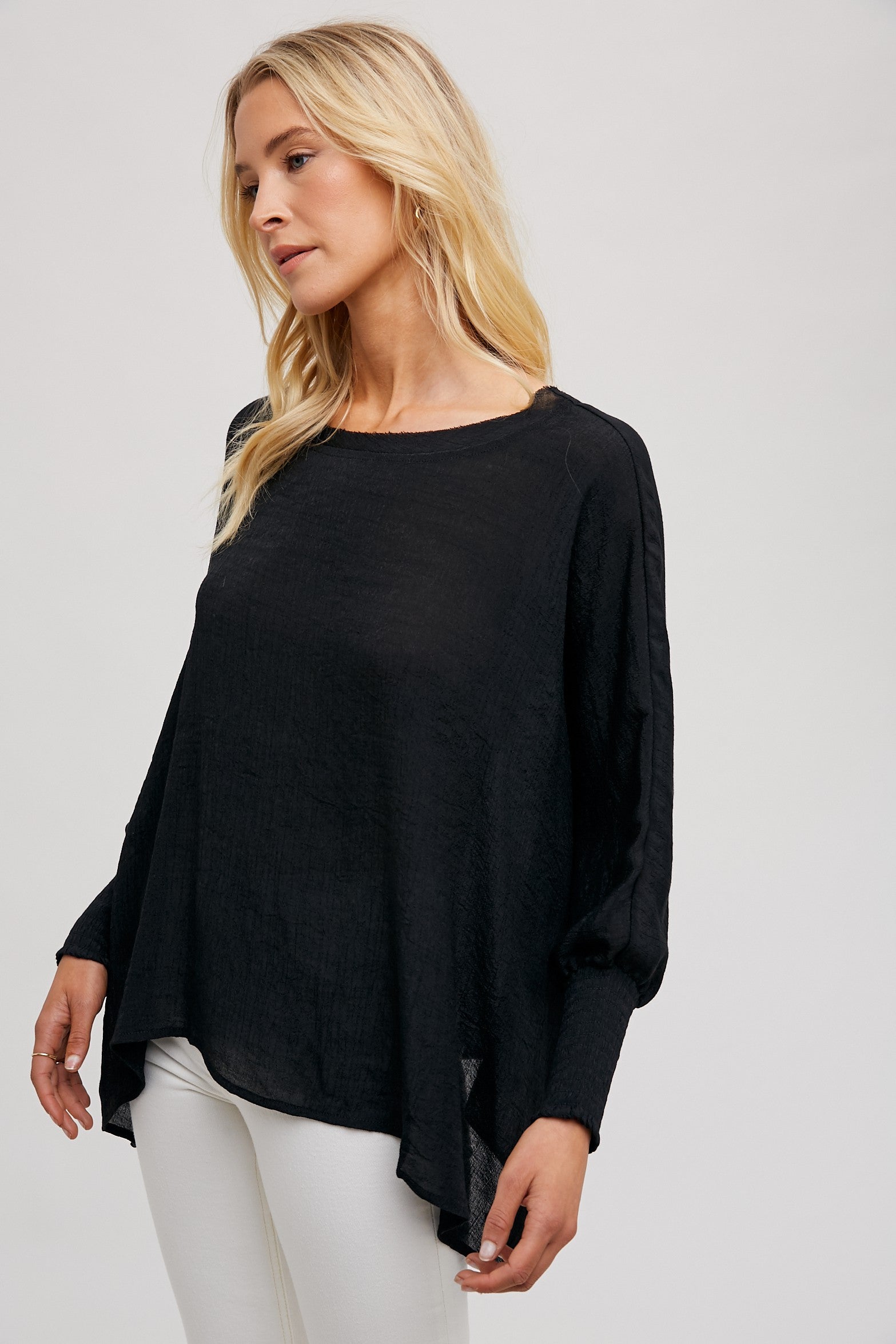 Fun2Fun Raw Edge Top modeled in black