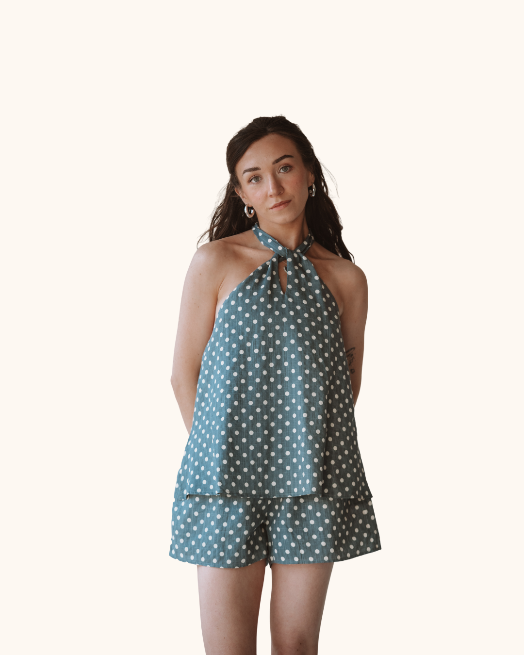 Mable Polka Dot Halter Neck Top Denim Blue