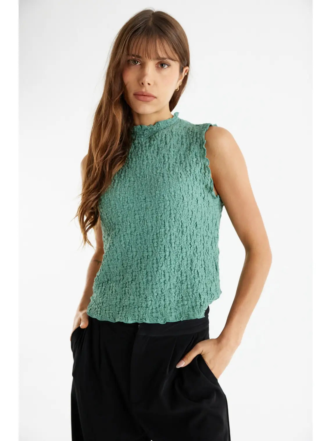 All Row Popcorn Texture Mock Neck Top