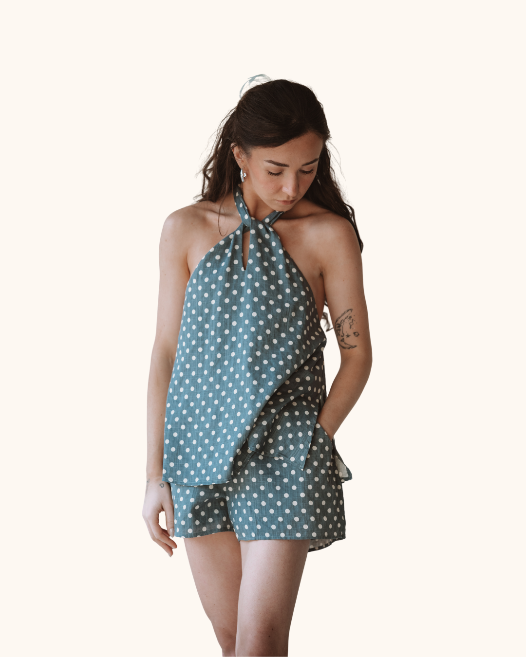 Mable Polka Dot Halter Neck Top Denim Blue