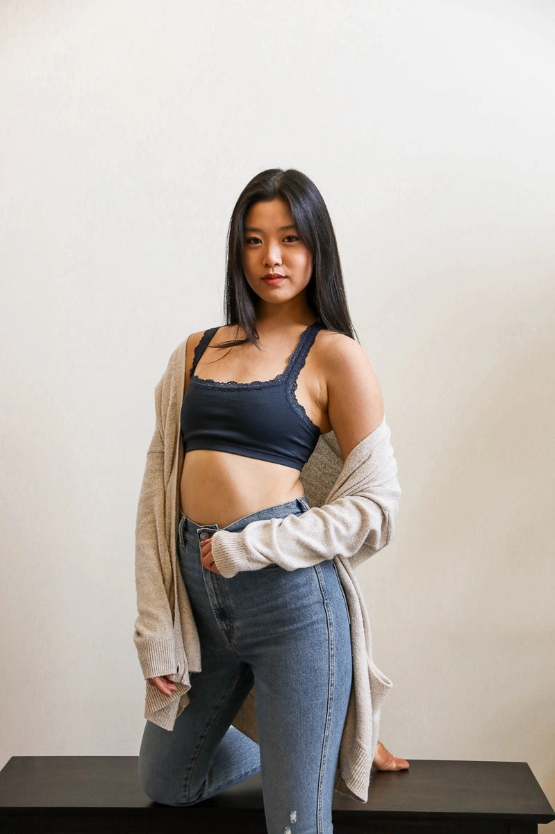 Leto Ribbed Crop Tank Lace Strap Bralette (Various Colors)