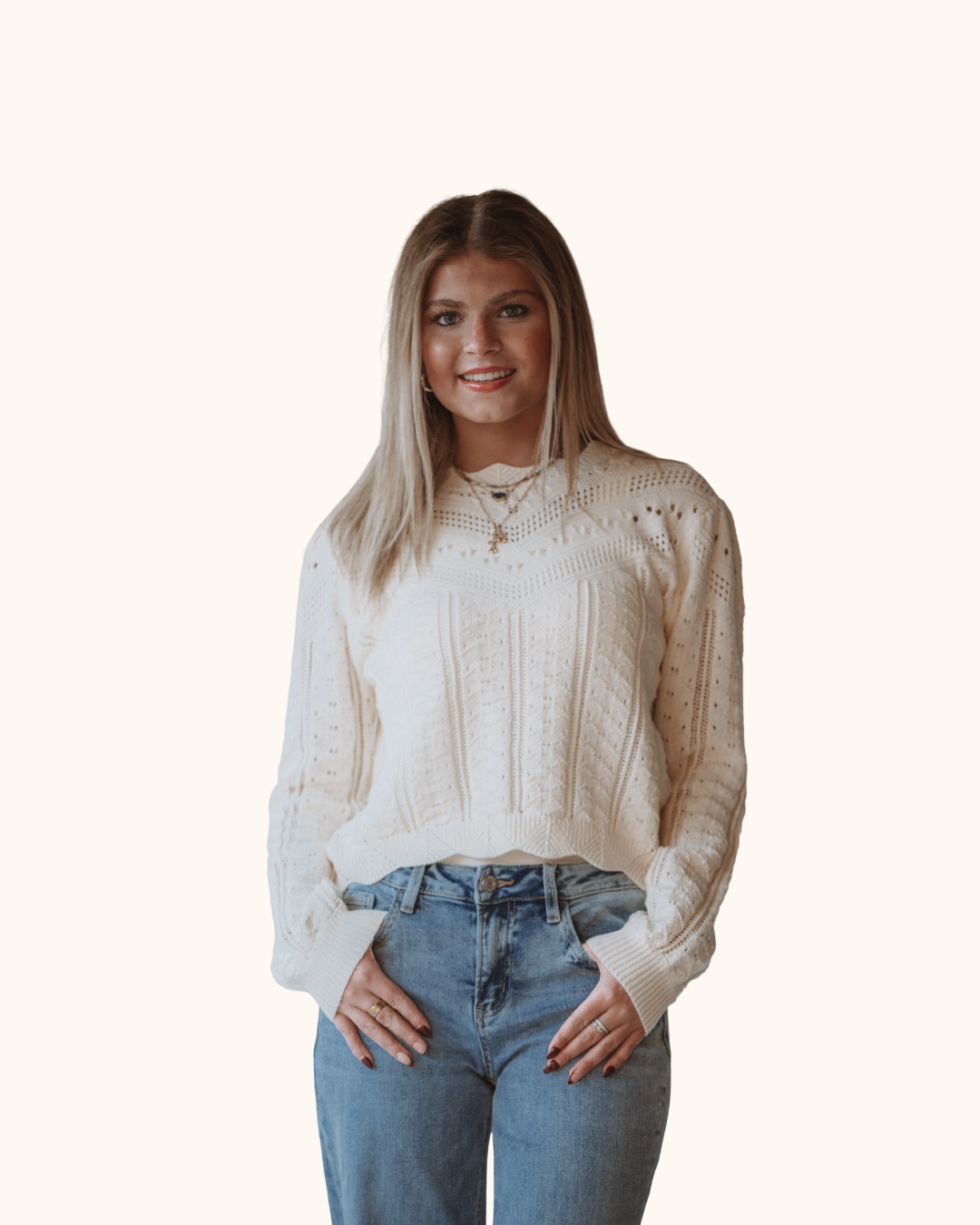 Storia Cream Scalloped Knit Sweater