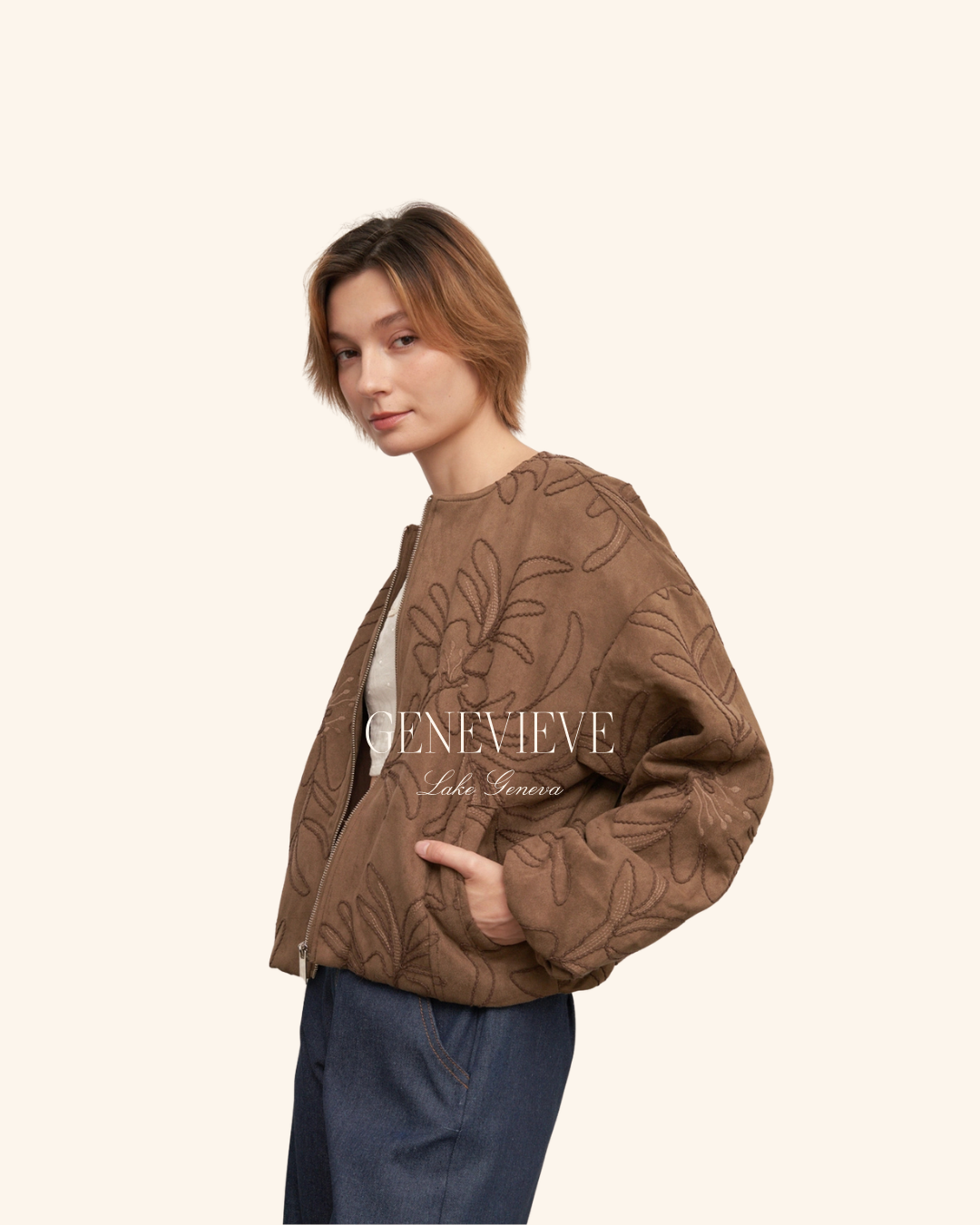 En Creme Brown Embroidered Floral Jacket