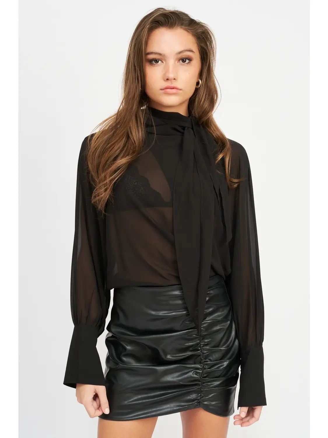 Emory Park Contrasted Sheer Top with Scarf Detail