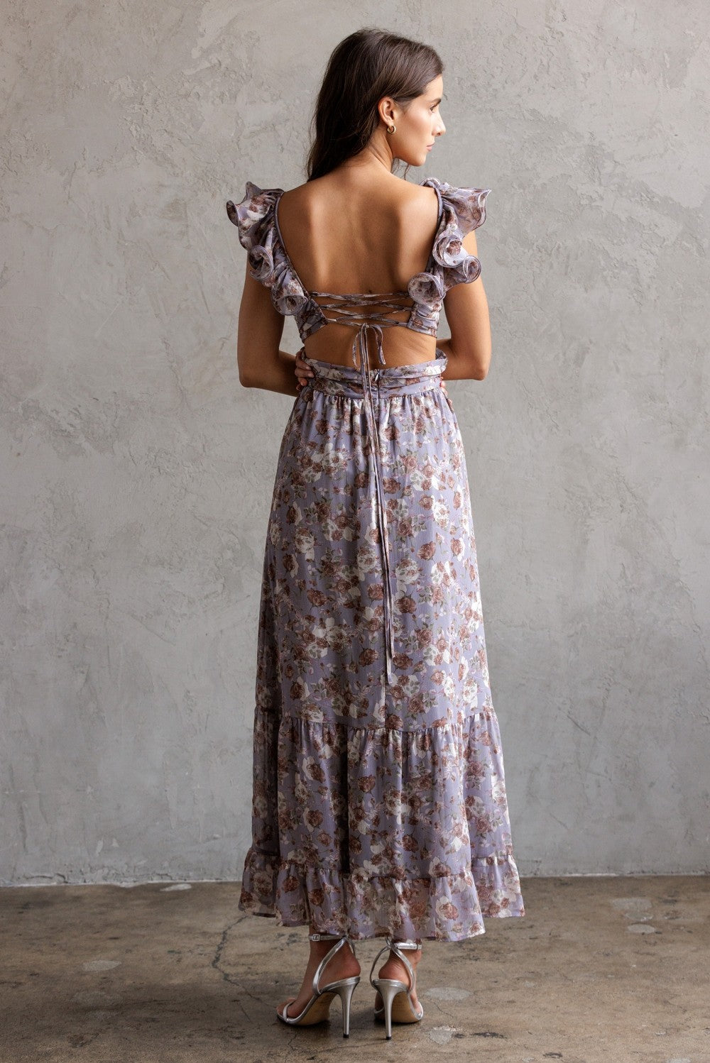 Storia Floral Ruffle Strap Lace-up Midi Dress