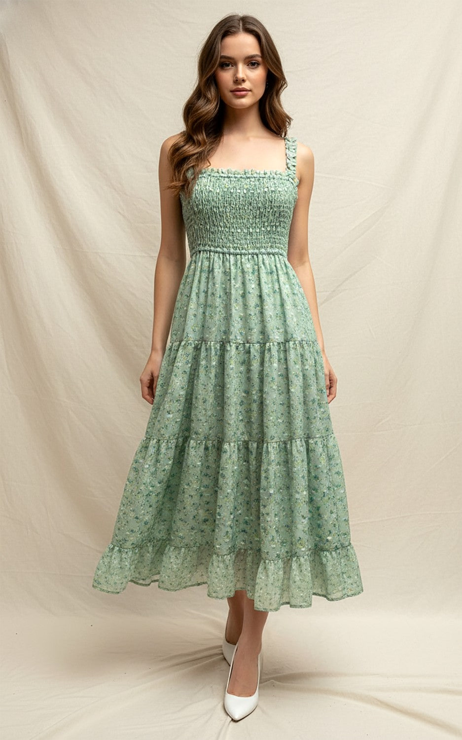 Storia Smocked Ruffle Strap Tiered Maxi Dress