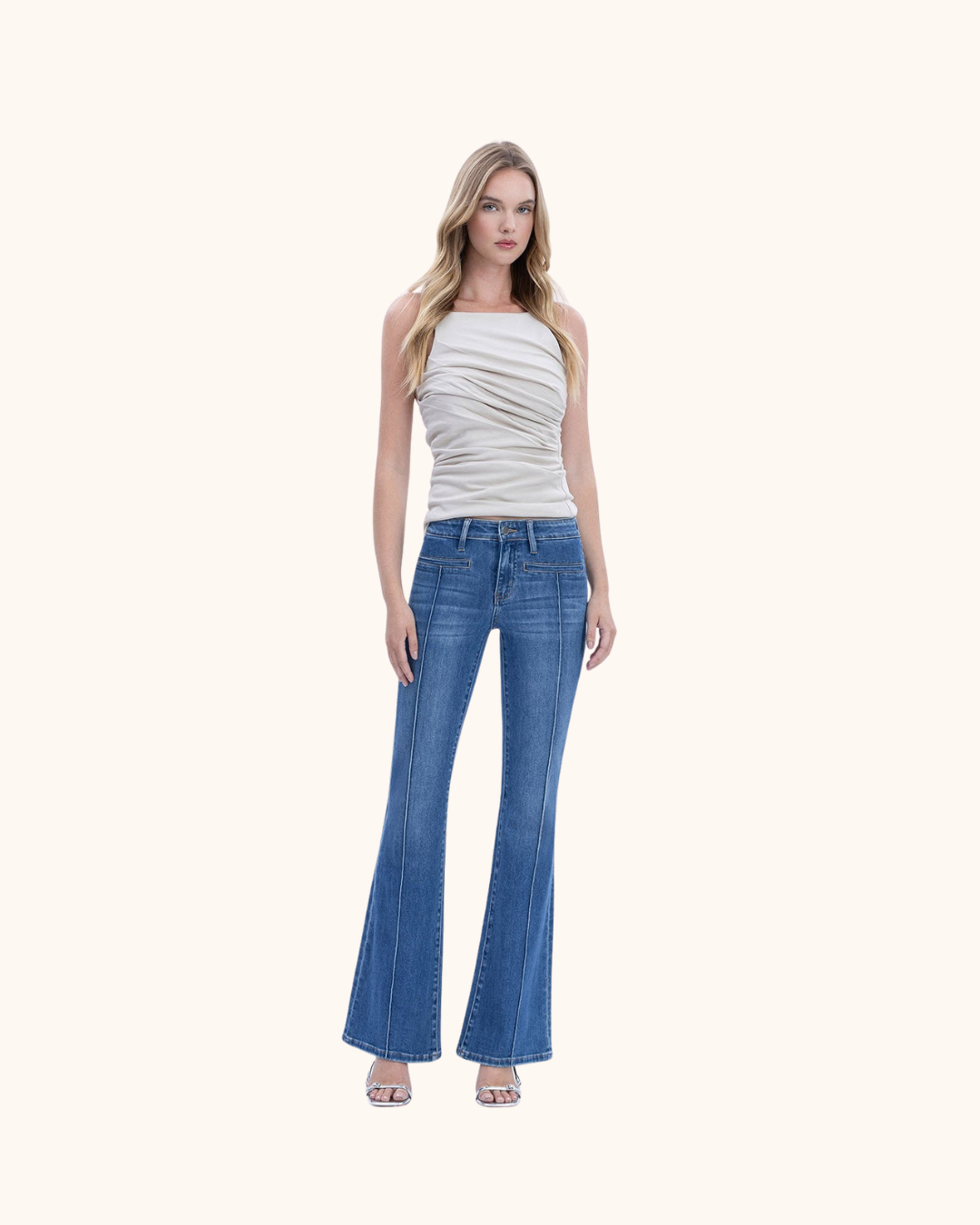 Vervet Mid Rise Welt Pocket Pin Tuck Flare Jeans