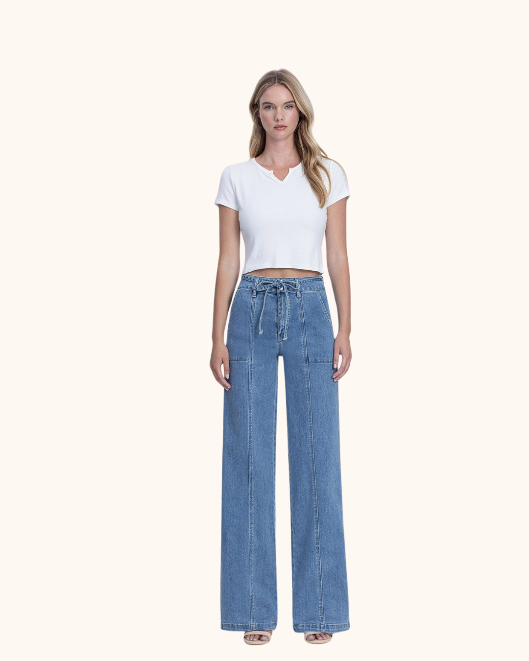 Super High Rise Tie Waistband Wide Leg Jeans