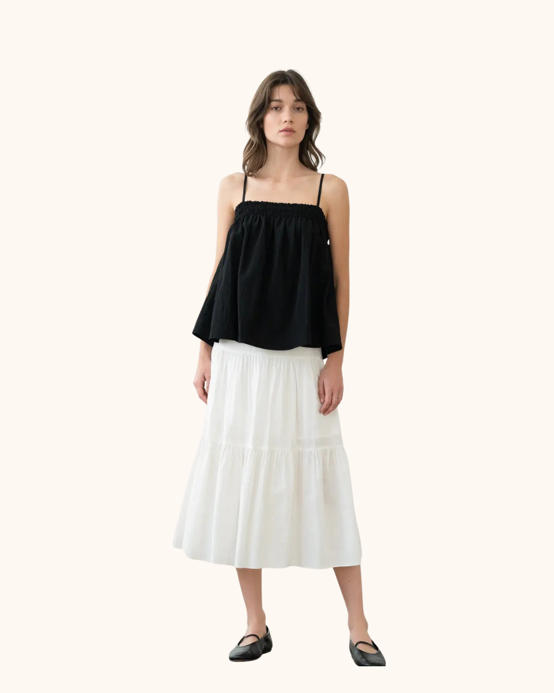 Elle Grey Elastic Waist Tiered Midi Skirt