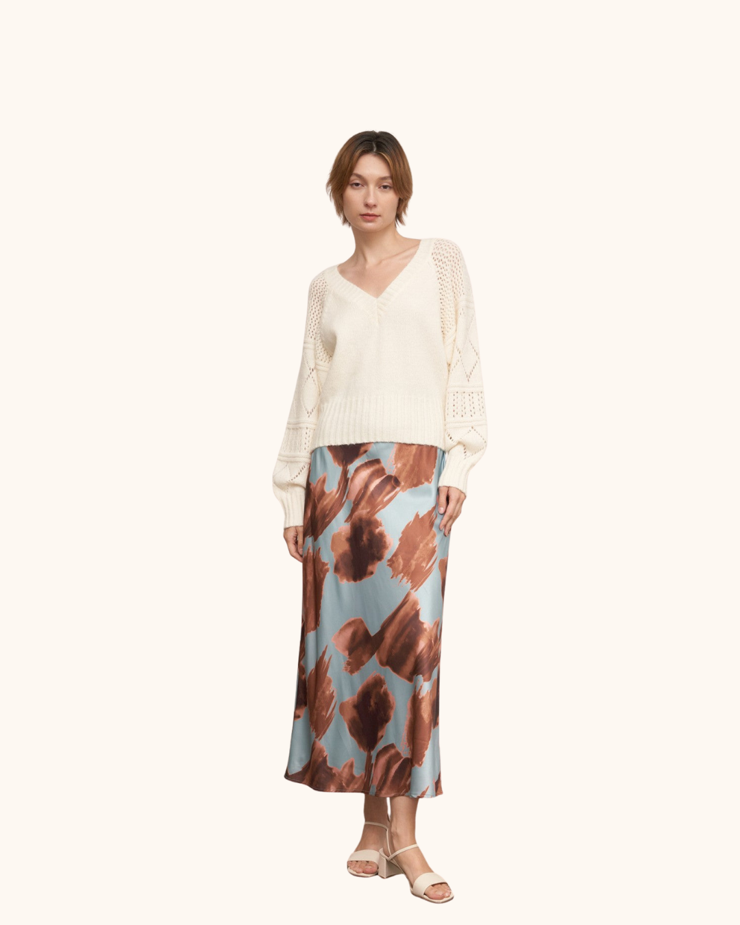 En Crème Floral Print Satin Maxi Skirt