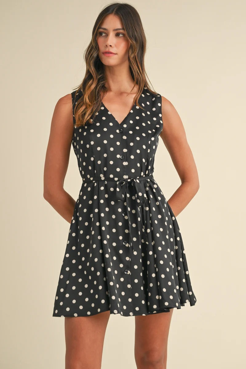 Mable Polka Dot V Neck Flared Tank Mini Dress