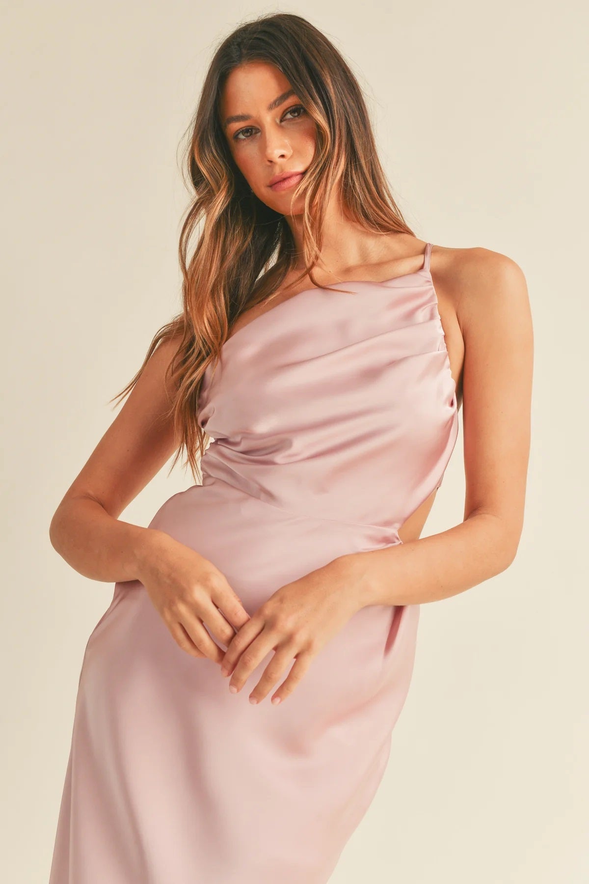 Mable Satin One Shoulder Ruched Midi Dress