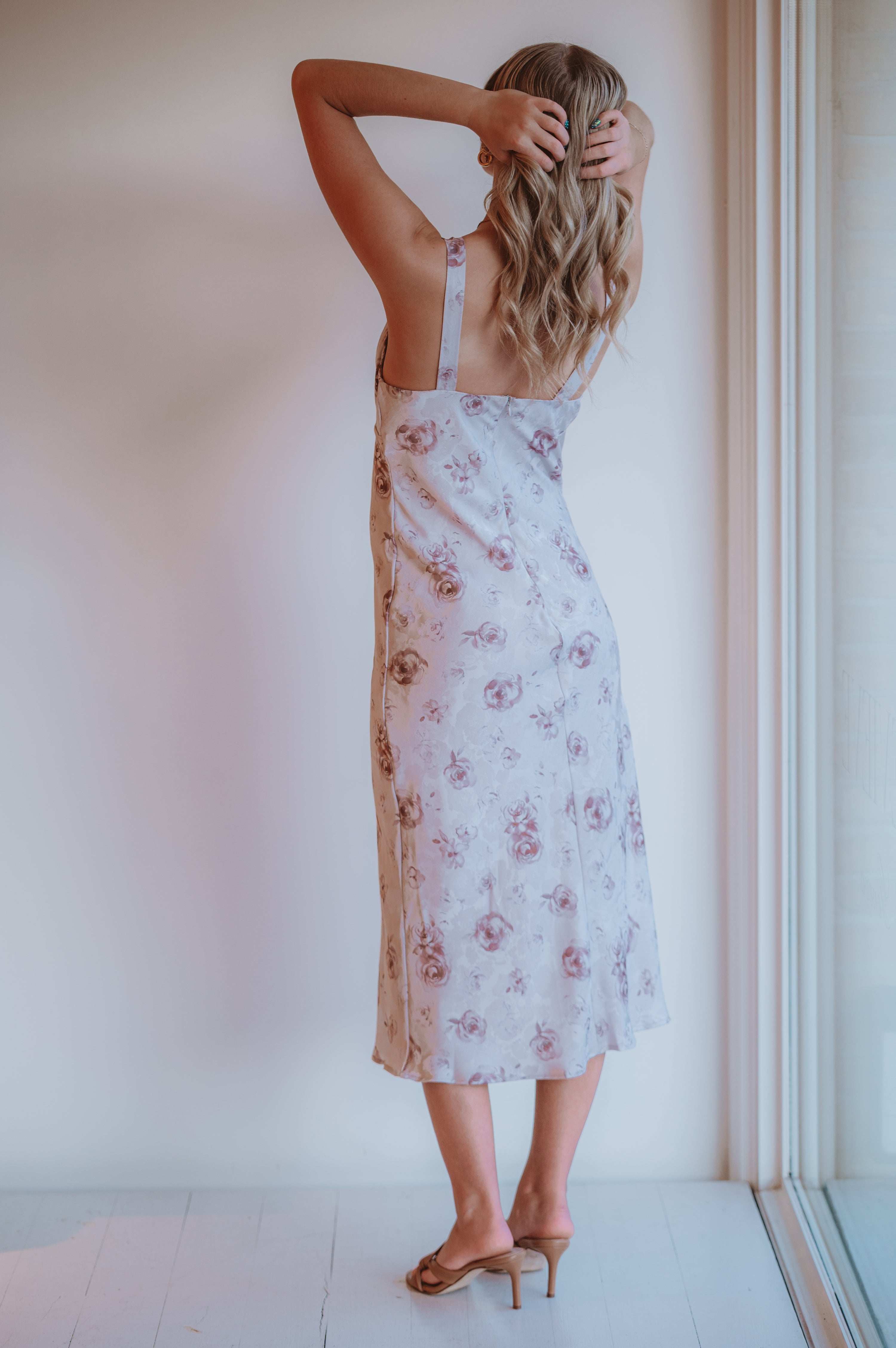 Storia Rose Print Satin Slip Midi Dress