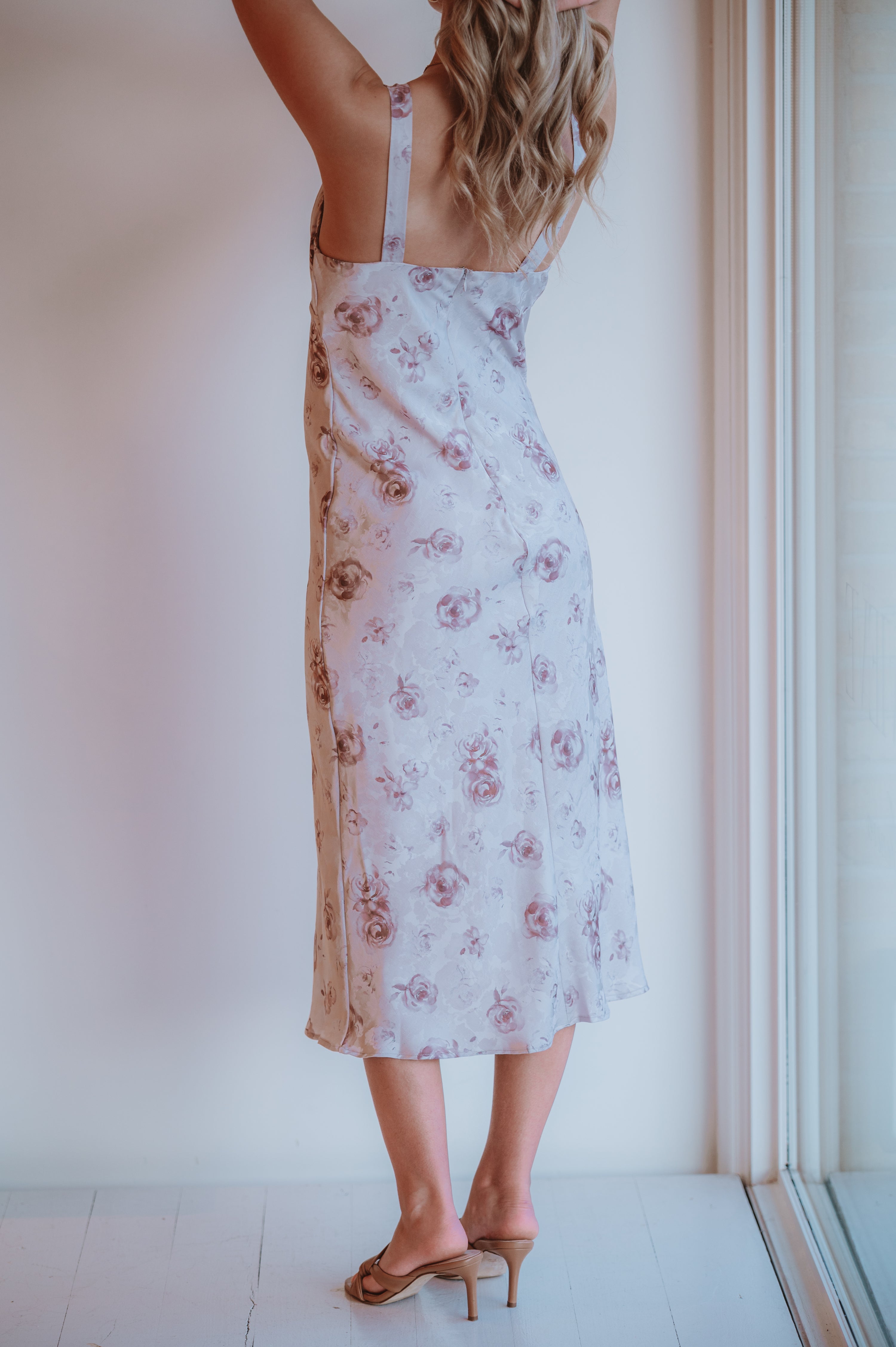 Storia Rose Print Satin Slip Midi Dress