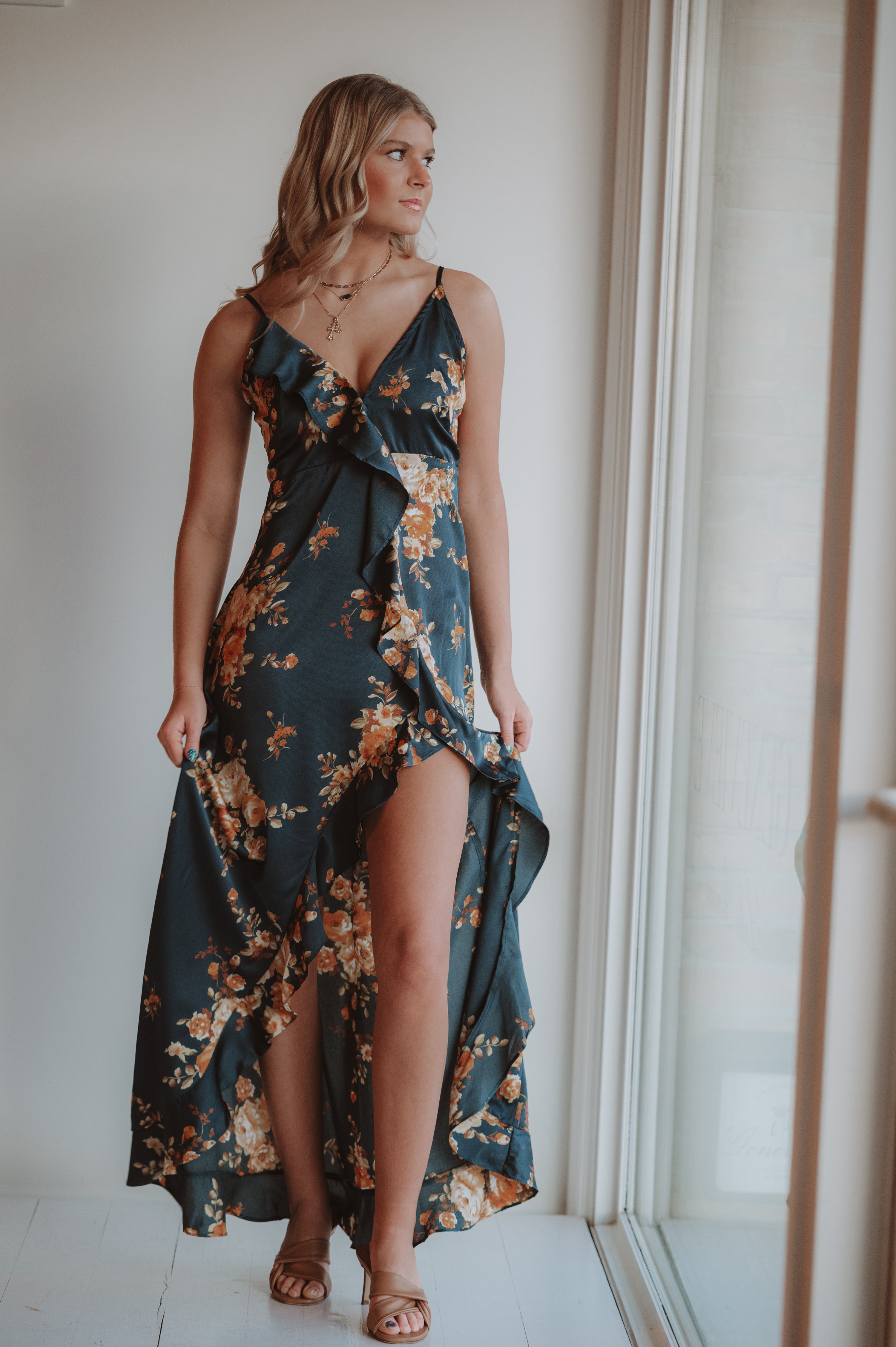 Dress Forum Floral Asymmetrical Ruffle Maxi Dress