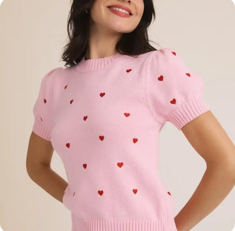 Sunday Edition Puff Short Sleeve Embroidered Sweater (Various Colors)