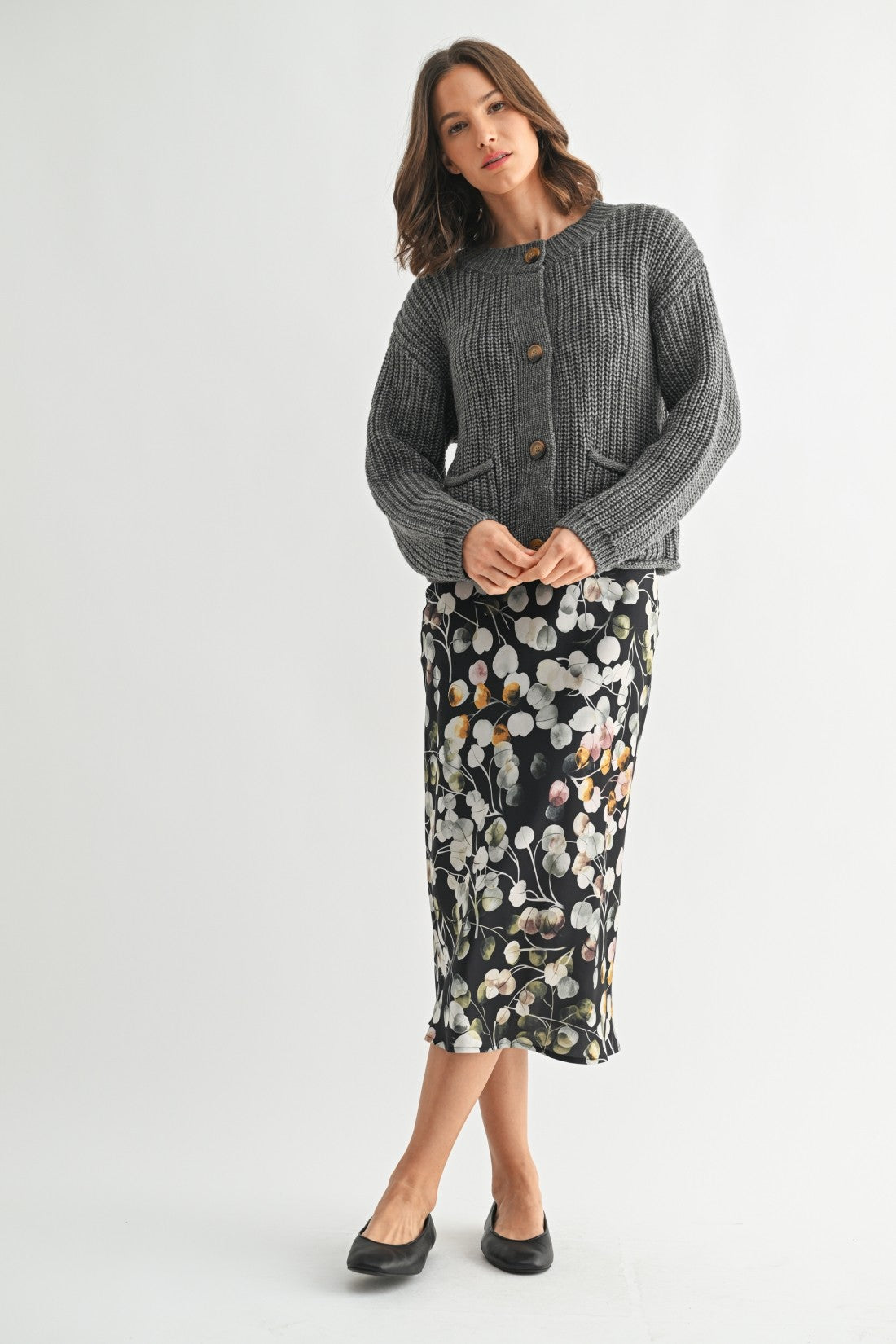 Fun2Fun Flower Print Bias Cut Midi Skirt
