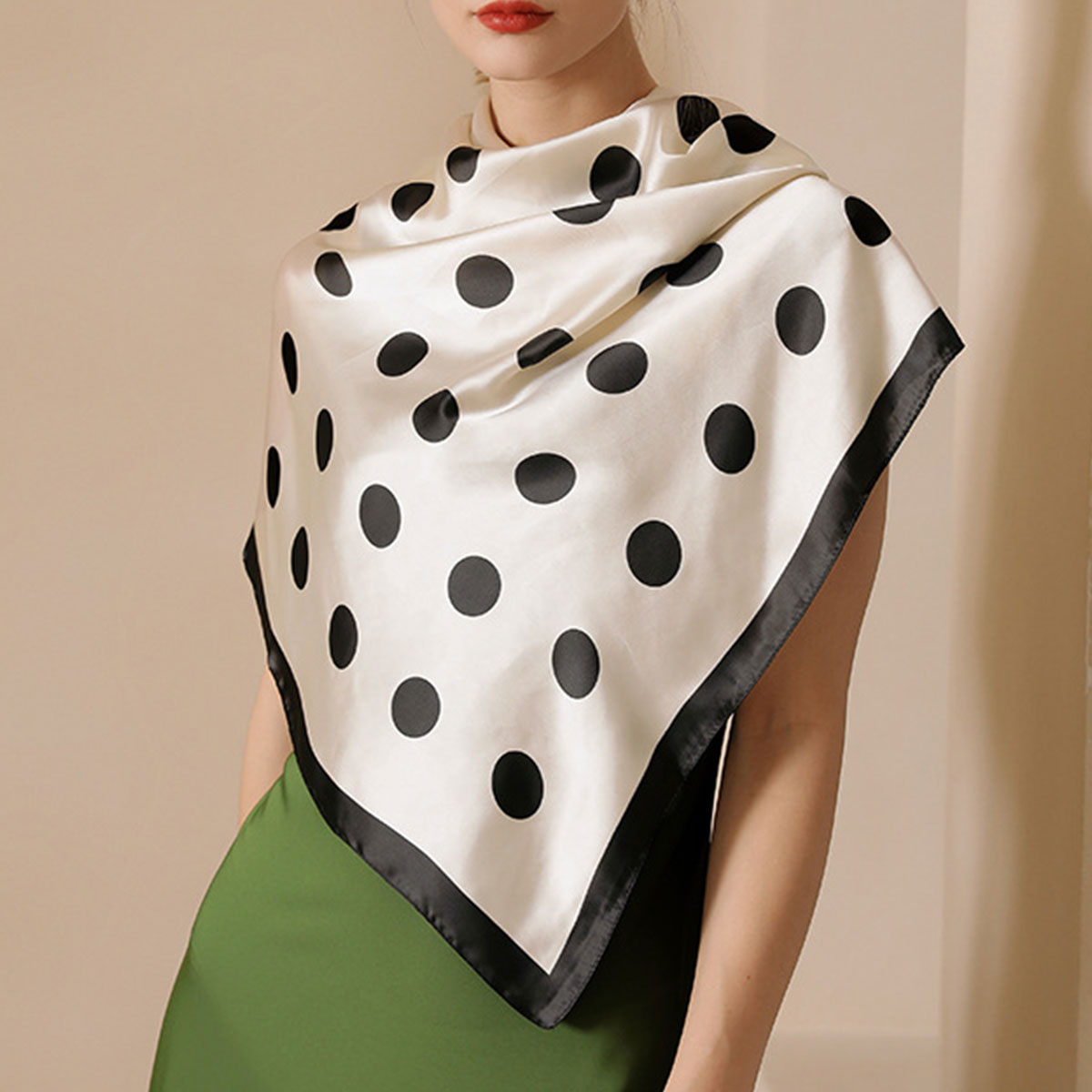 Beige Polka Dot Silky Wrap Neck Scarf