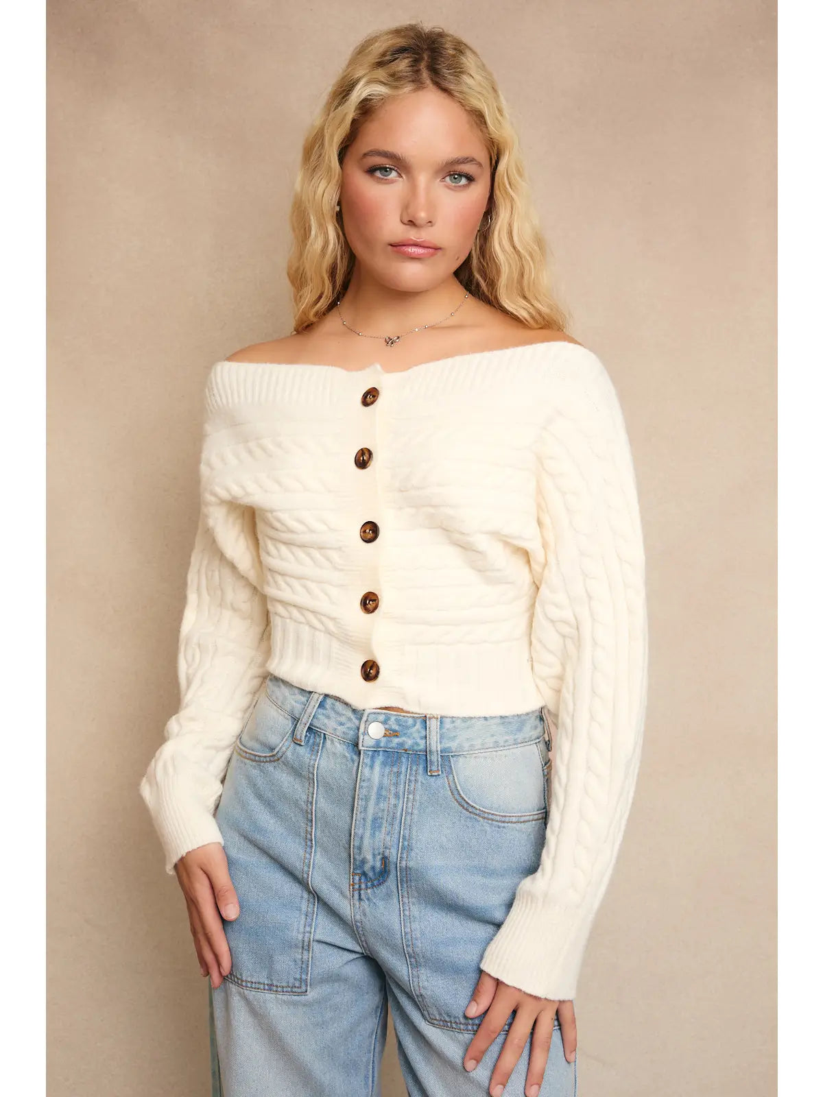 Le Lis Off-Shoulder Button Down Sweater Top